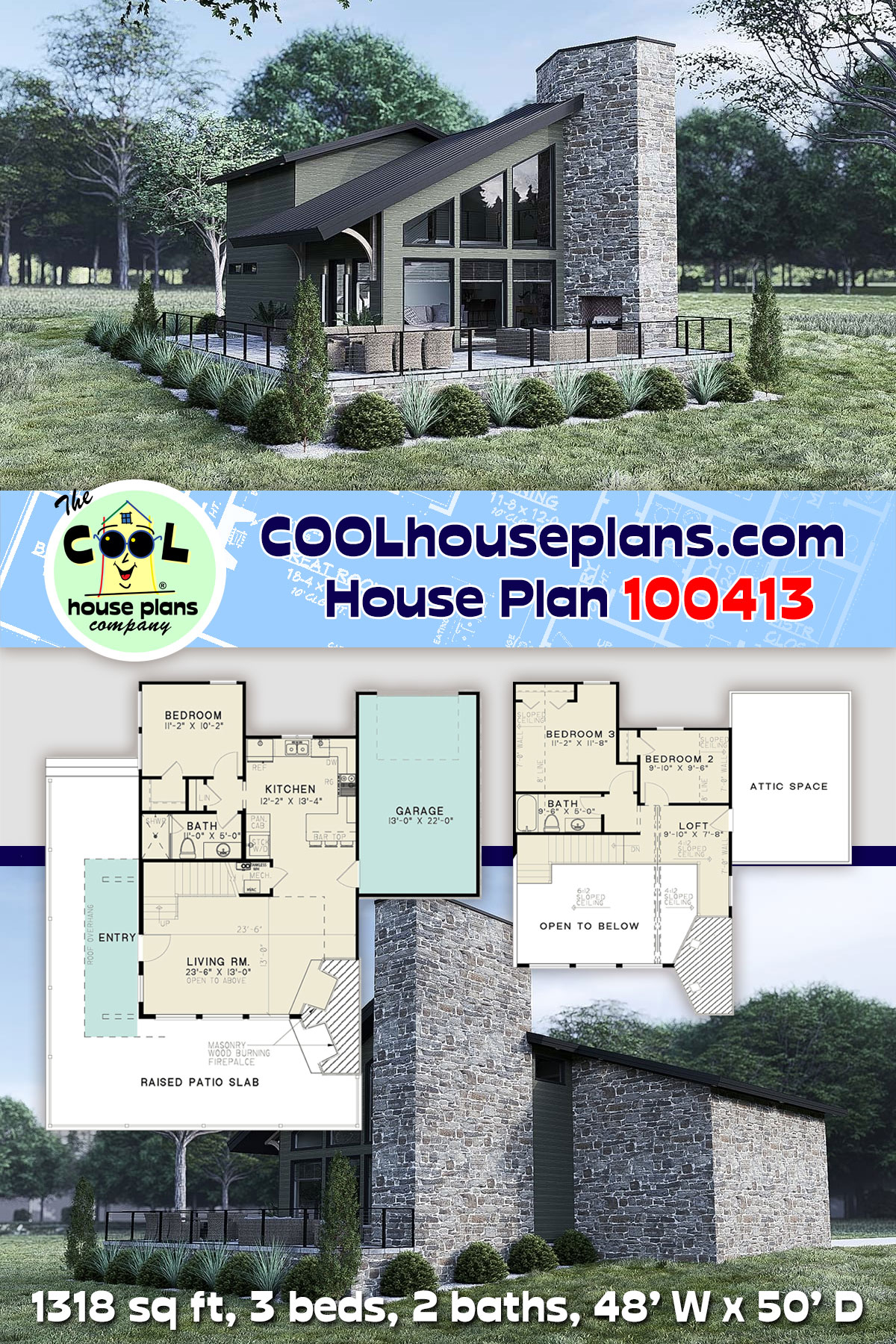 Modern House Plan 100413 with 3 Beds, 2 Baths, 1 Car Garage