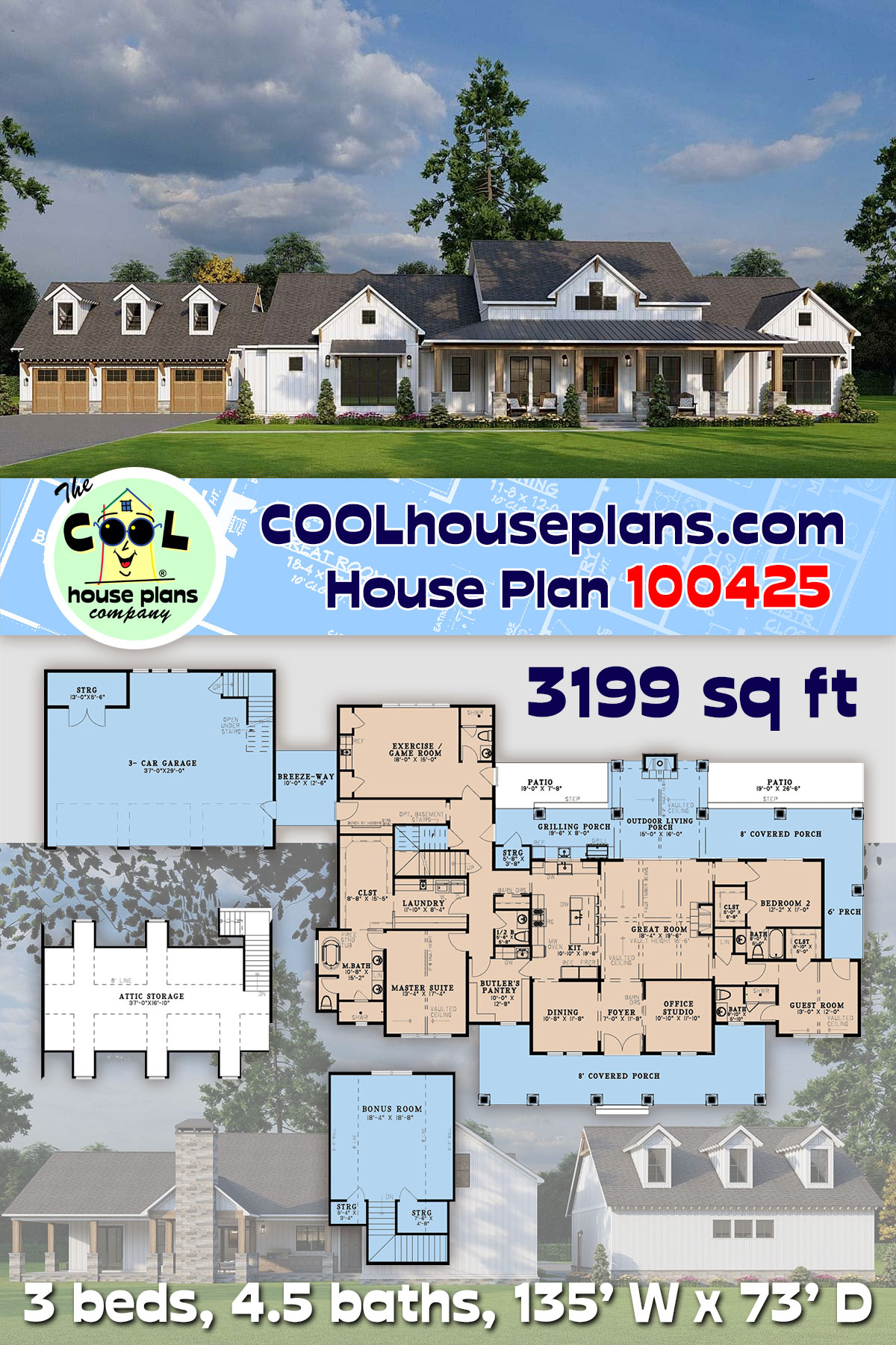 Craftsman, Farmhouse House Plan 100425 with 3 Beds, 5 Baths, 3 Car Garage