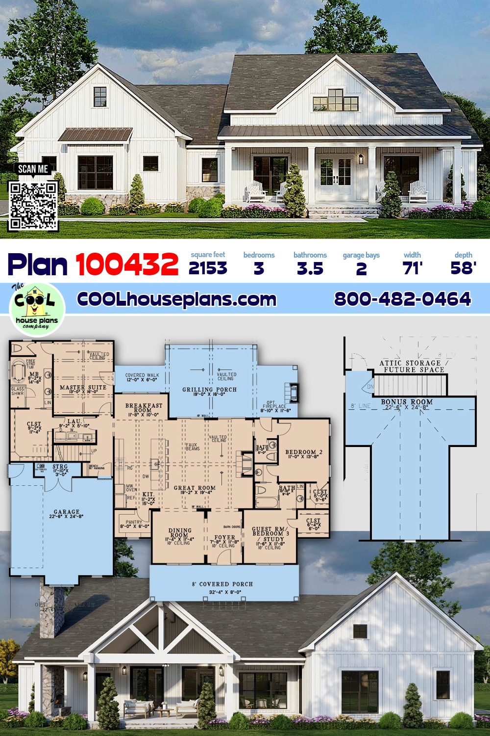 Country, Craftsman, Farmhouse House Plan 100432 with 3 Beds, 4 Baths, 2 Car Garage