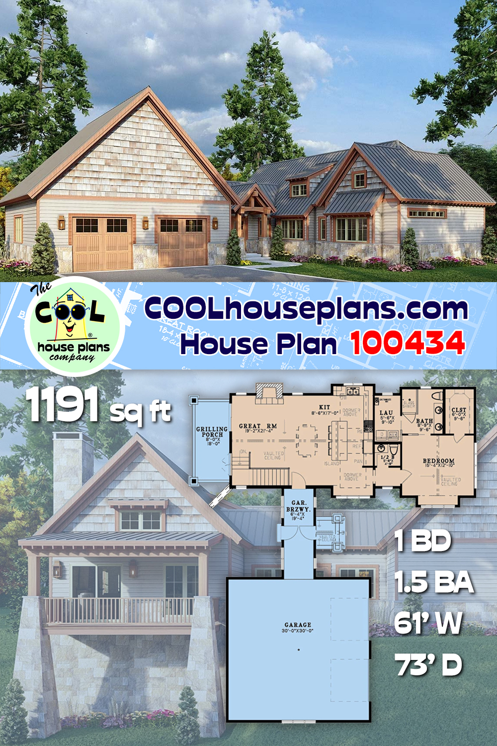 Craftsman, Ranch House Plan 100434 with 1 Beds, 2 Baths, 2 Car Garage
