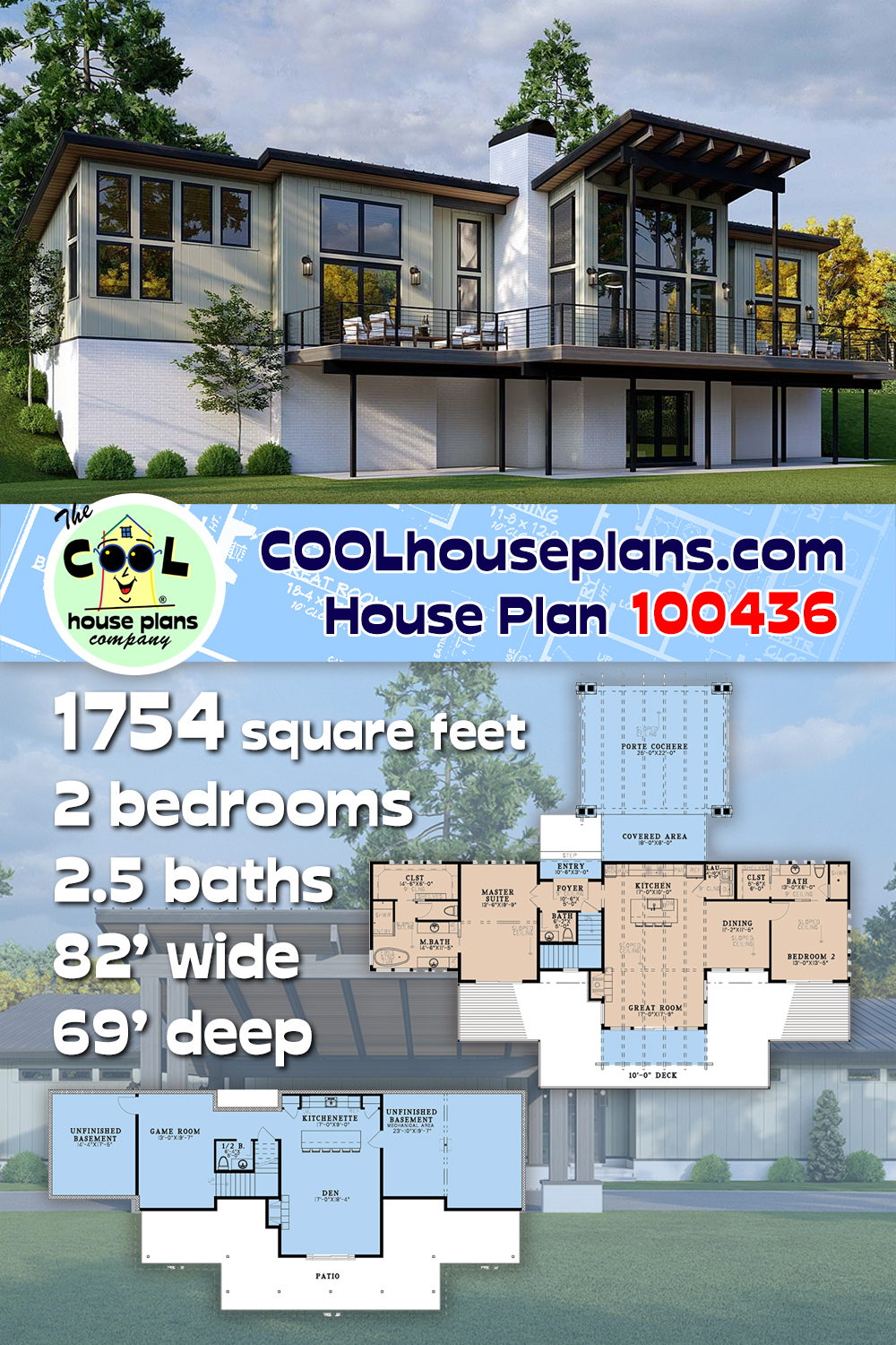 Contemporary, Modern House Plan 100436 with 2 Beds, 4 Baths