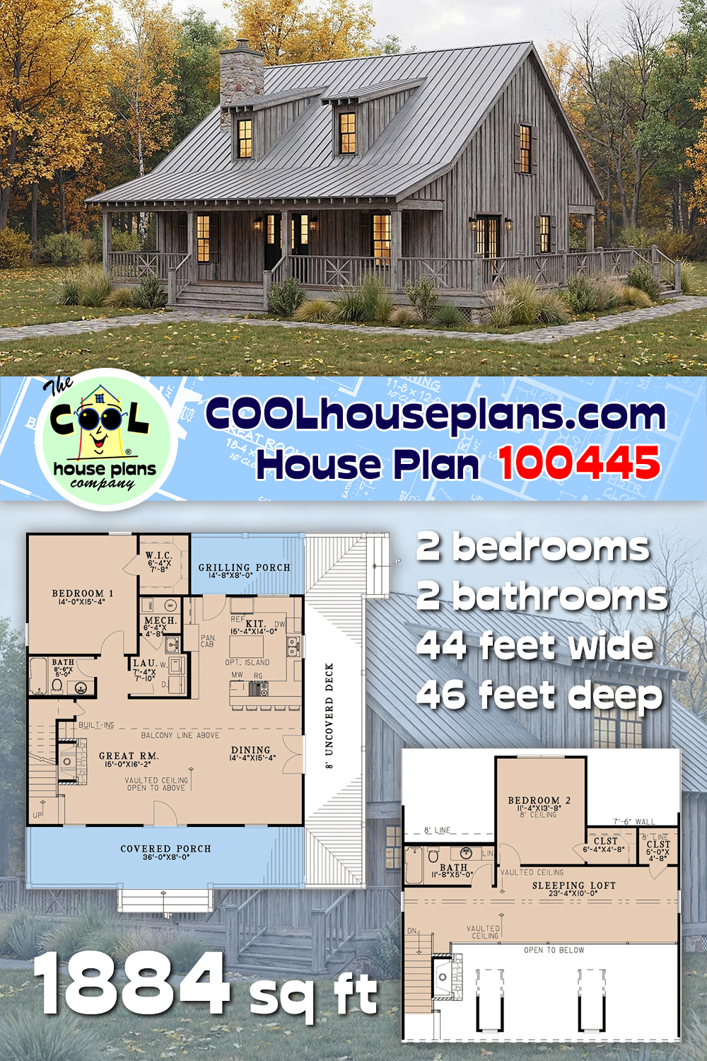 Cabin, Cottage House Plan 100445 with 2 Beds, 2 Baths