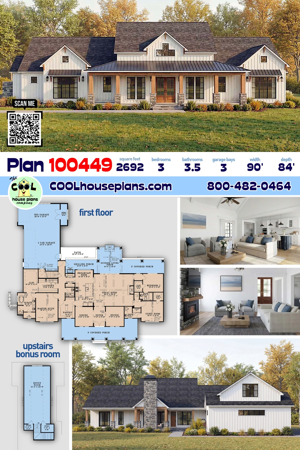 Contemporary, Country, Craftsman, Farmhouse House Plan 100449 with 3 Beds, 4 Baths, 3 Car Garage