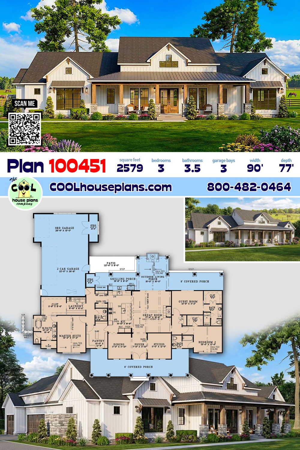 Contemporary, Country, Craftsman, Farmhouse House Plan 100451 with 3 Beds, 4 Baths, 3 Car Garage