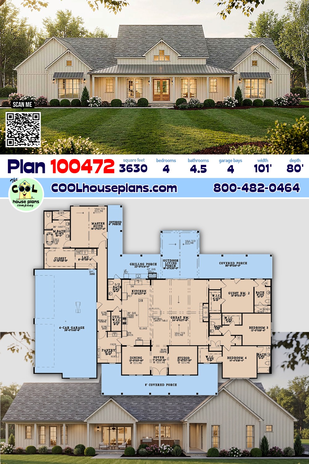 Contemporary, Country, Farmhouse, Southern House Plan 100472 with 4 Beds, 5 Baths, 4 Car Garage