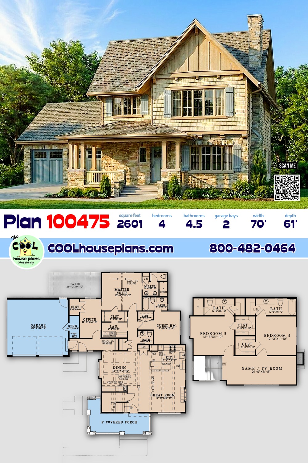 Bungalow, Cottage House Plan 100475 with 4 Beds, 5 Baths, 2 Car Garage