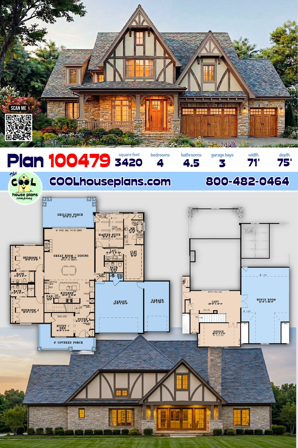 Cottage, European, Tudor House Plan 100479 with 4 Beds, 5 Baths, 3 Car Garage