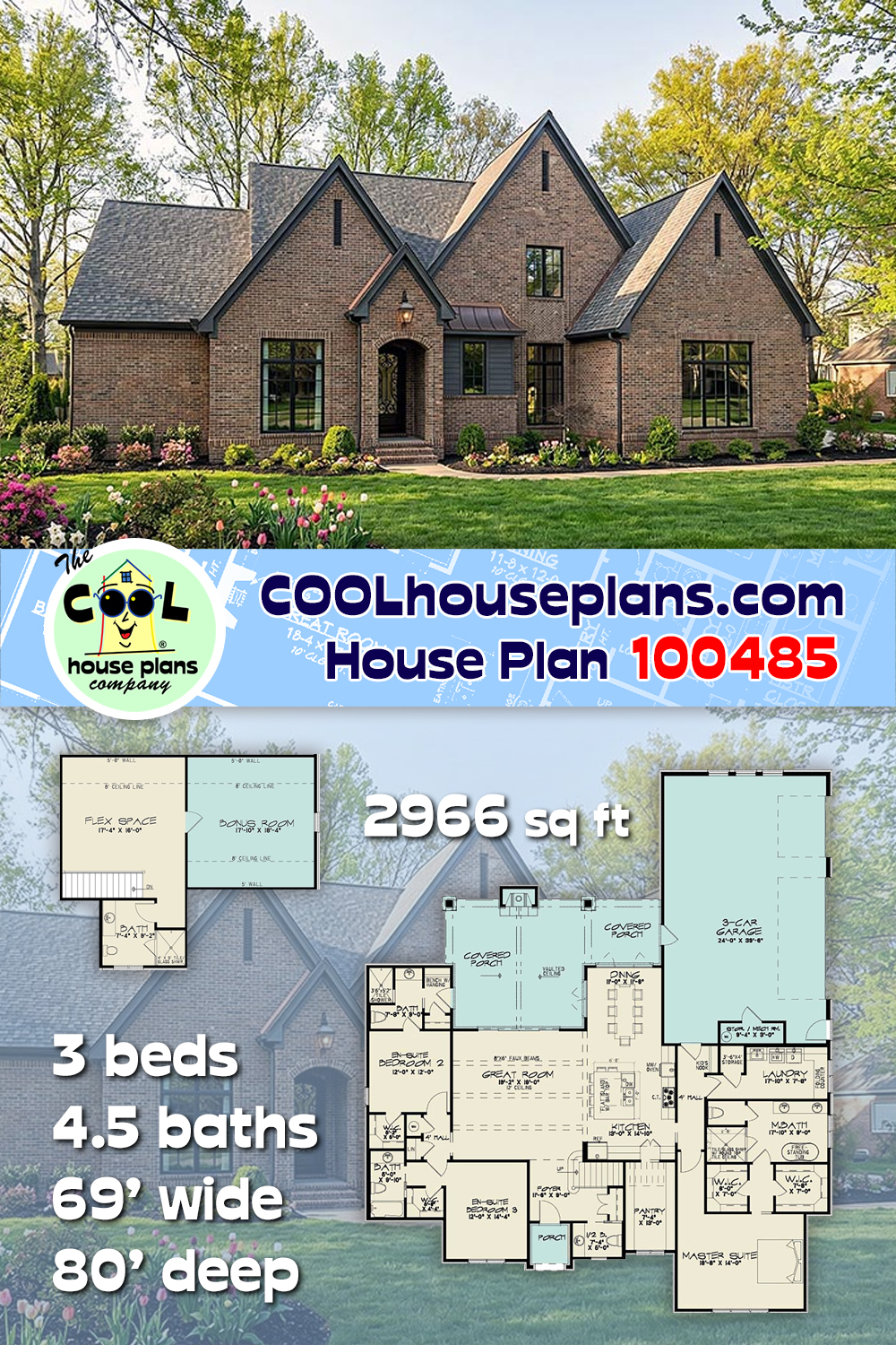 European, French Country, Traditional House Plan 100485 with 3 Beds, 5 Baths, 3 Car Garage