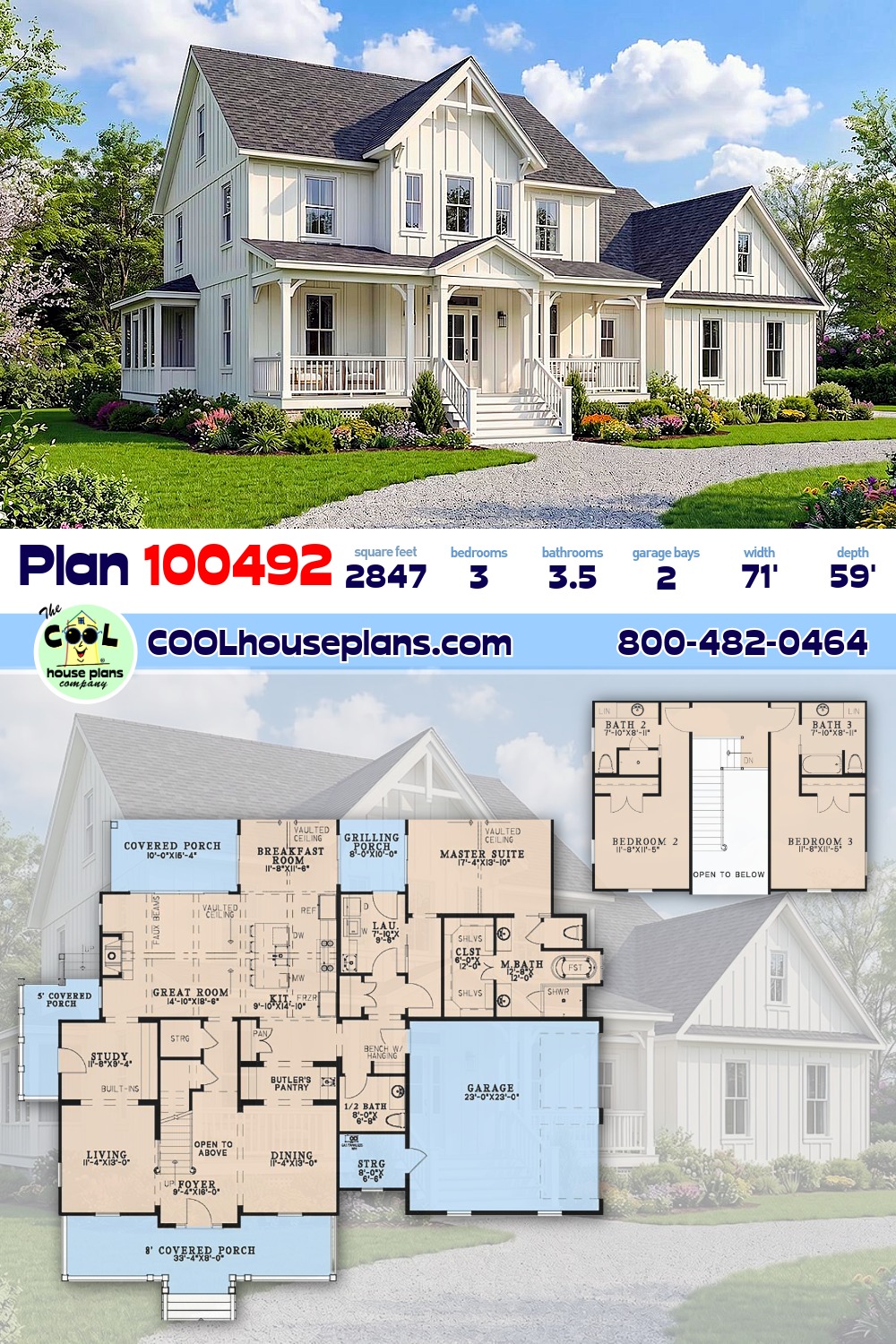 Contemporary, Country, Farmhouse, New American House Plan 100492 with 3 Beds, 4 Baths, 2 Car Garage