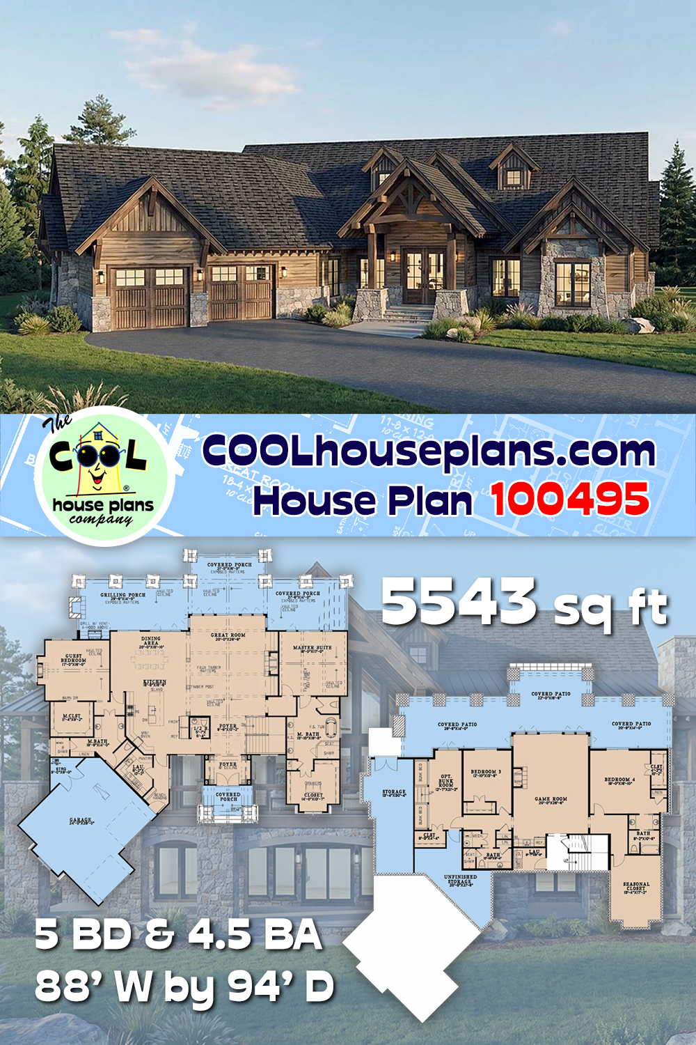 Cabin, Craftsman House Plan 100495 with 5 Beds, 5 Baths, 2 Car Garage
