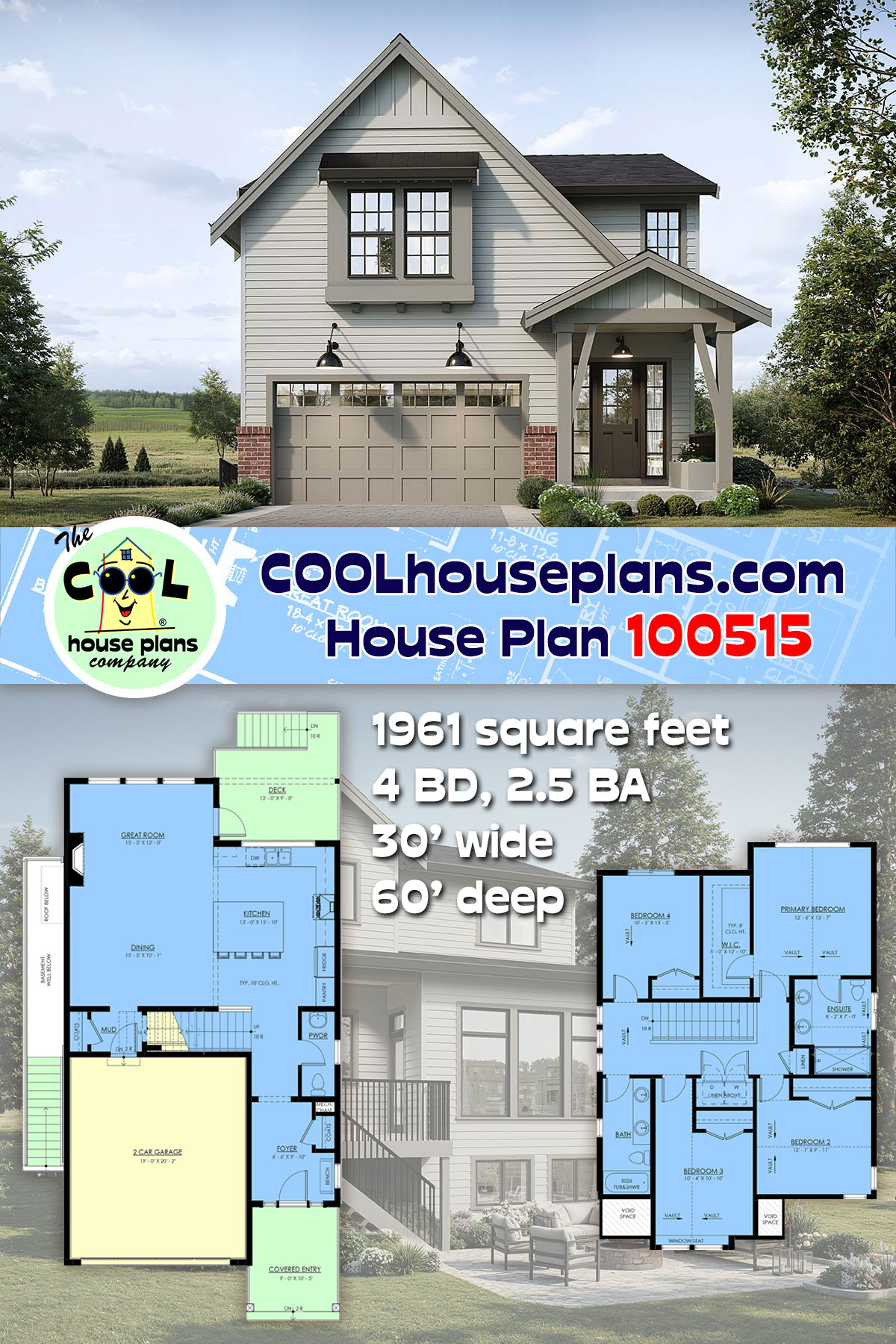 Contemporary, Farmhouse, Traditional House Plan 100515 with 4 Beds, 3 Baths, 2 Car Garage