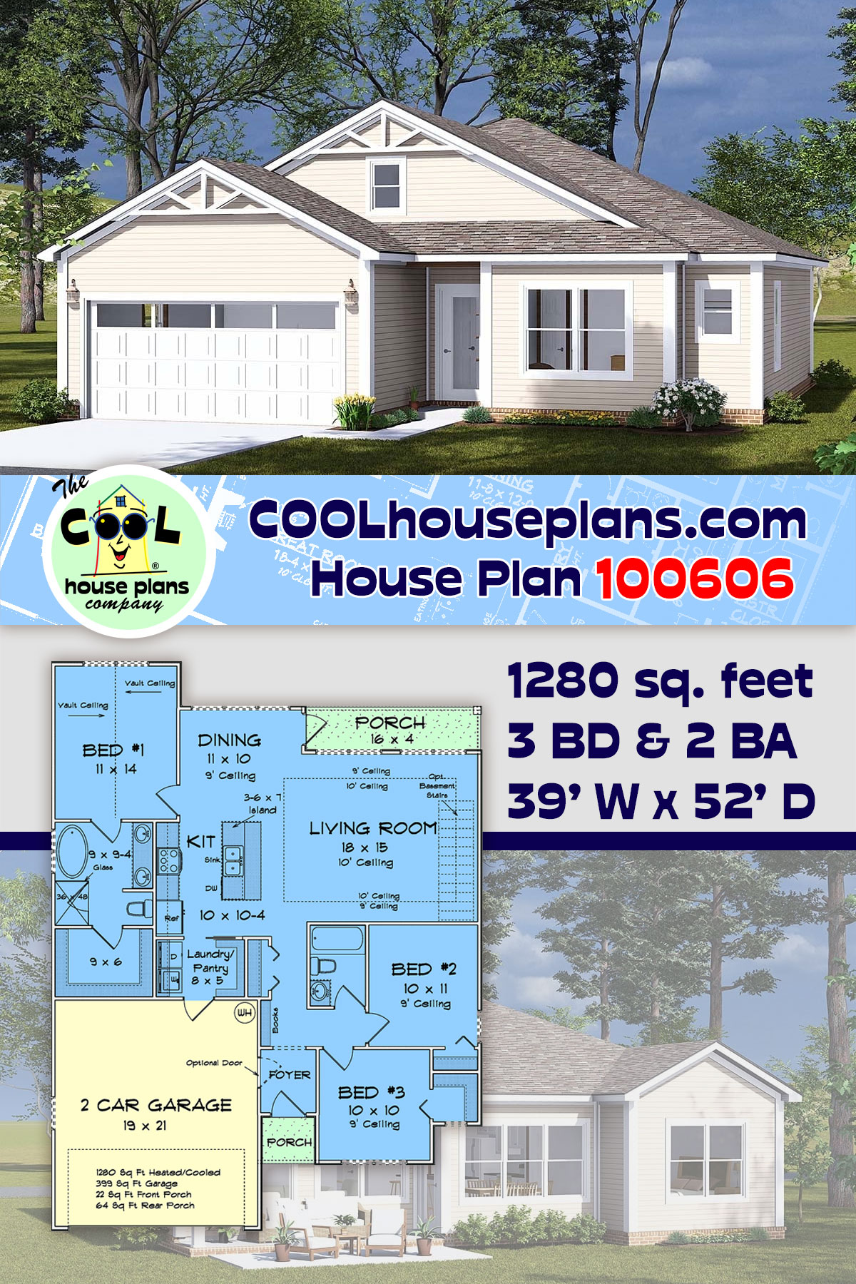 Cottage, Country, Craftsman, Ranch, Traditional House Plan 100606 with 3 Beds, 2 Baths, 2 Car Garage