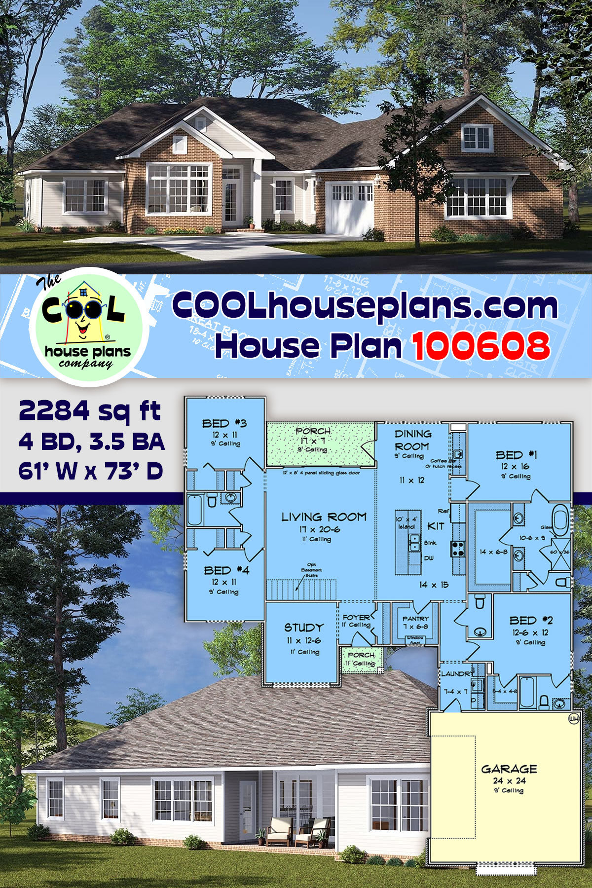 Ranch, Traditional House Plan 100608 with 4 Beds, 4 Baths, 2 Car Garage