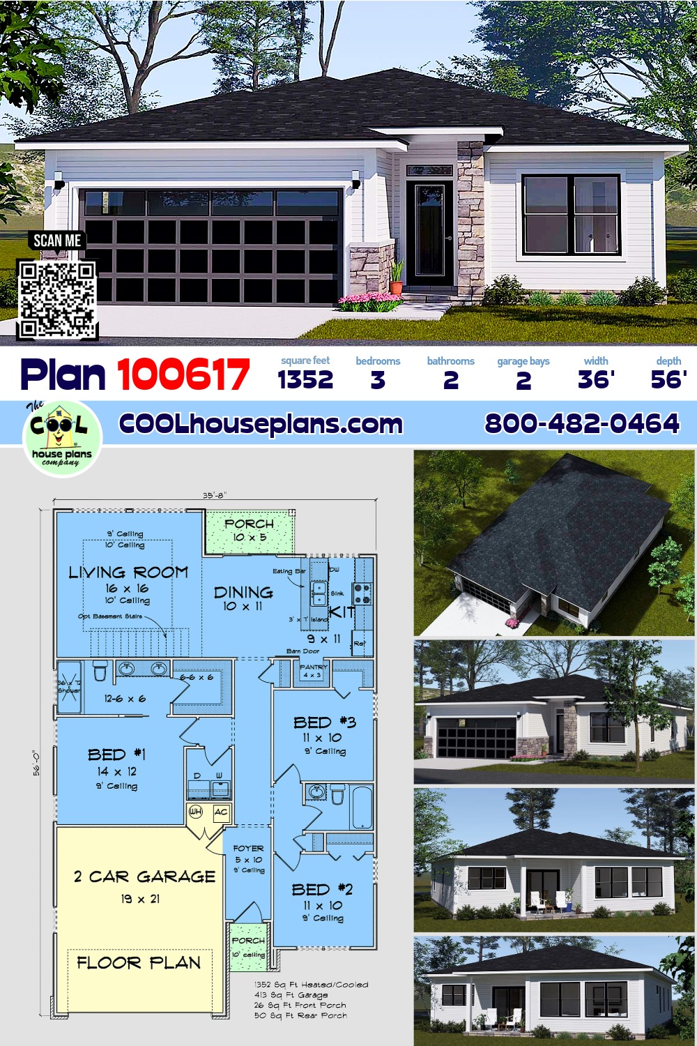 Contemporary, Modern House Plan 100617 with 3 Beds, 2 Baths, 2 Car Garage