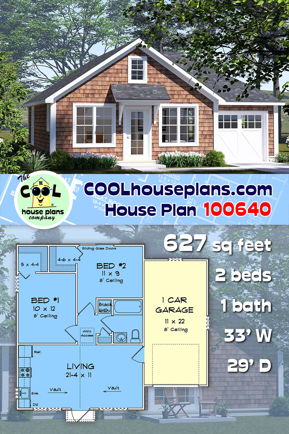Cottage, Craftsman, Traditional House Plan 100640 with 2 Beds, 1 Baths, 1 Car Garage