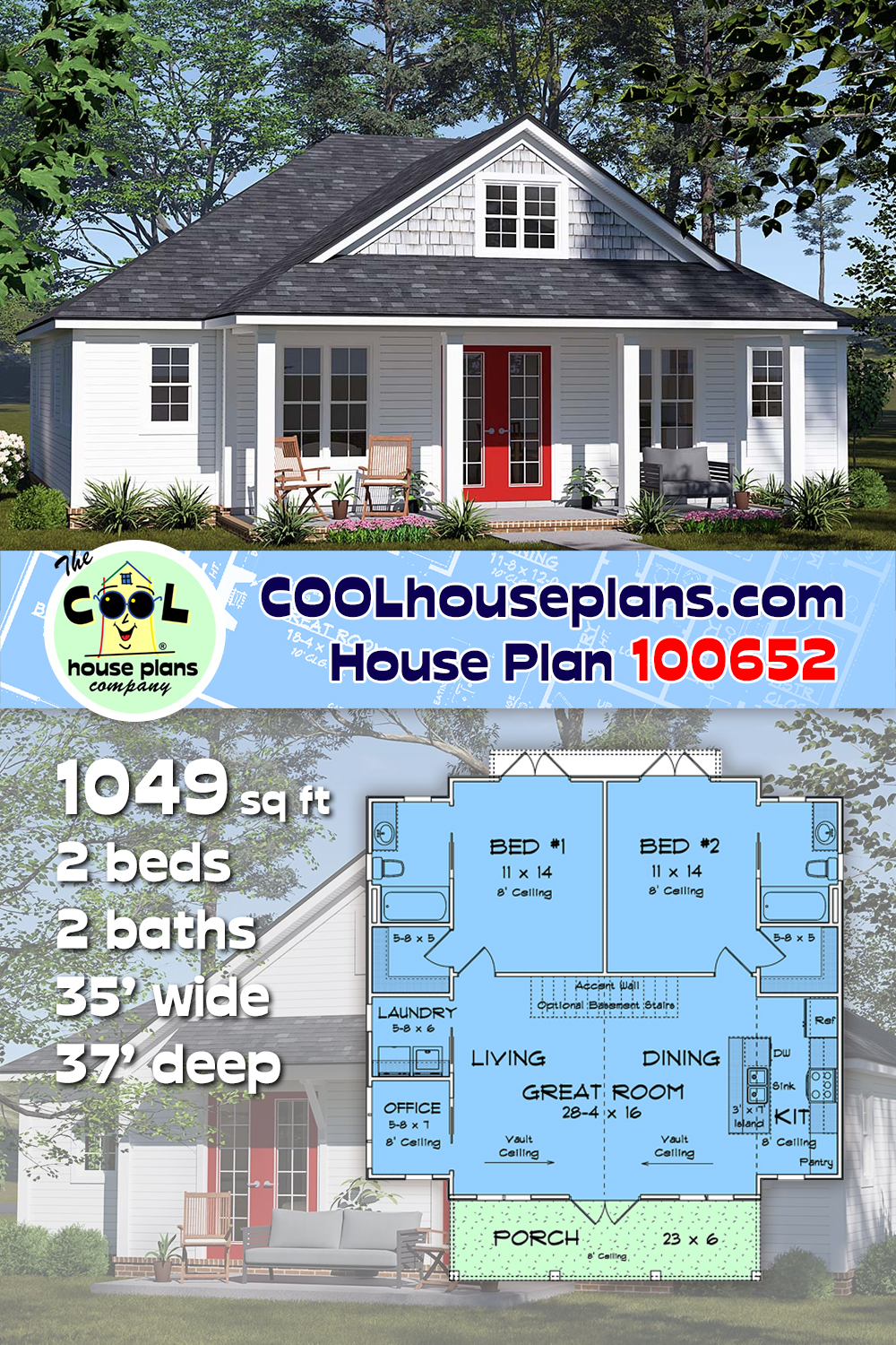 Cottage, Traditional House Plan 100652 with 2 Beds, 2 Baths