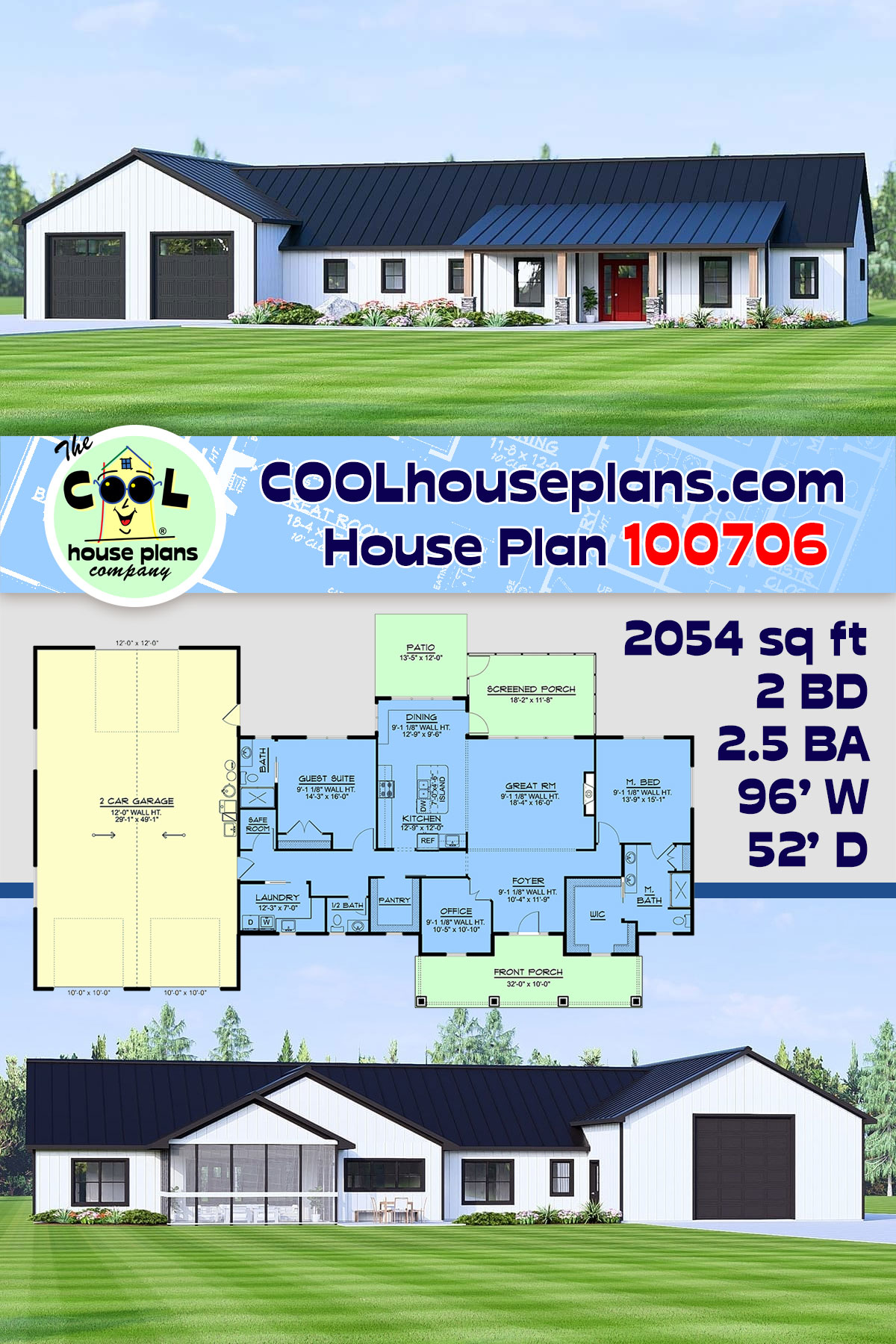 Barndominium, Country, Ranch House Plan 100706 with 2 Beds, 3 Baths, 2 Car Garage