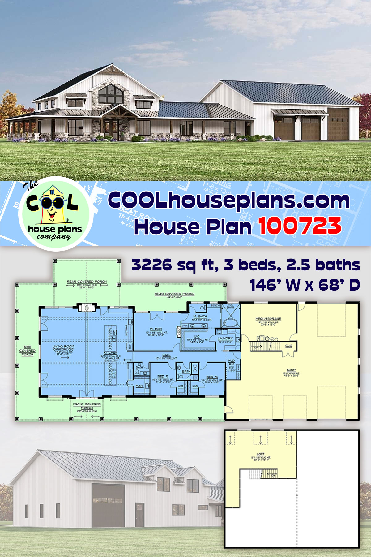Barndominium, Country House Plan 100723 with 3 Beds, 3 Baths, 3 Car Garage