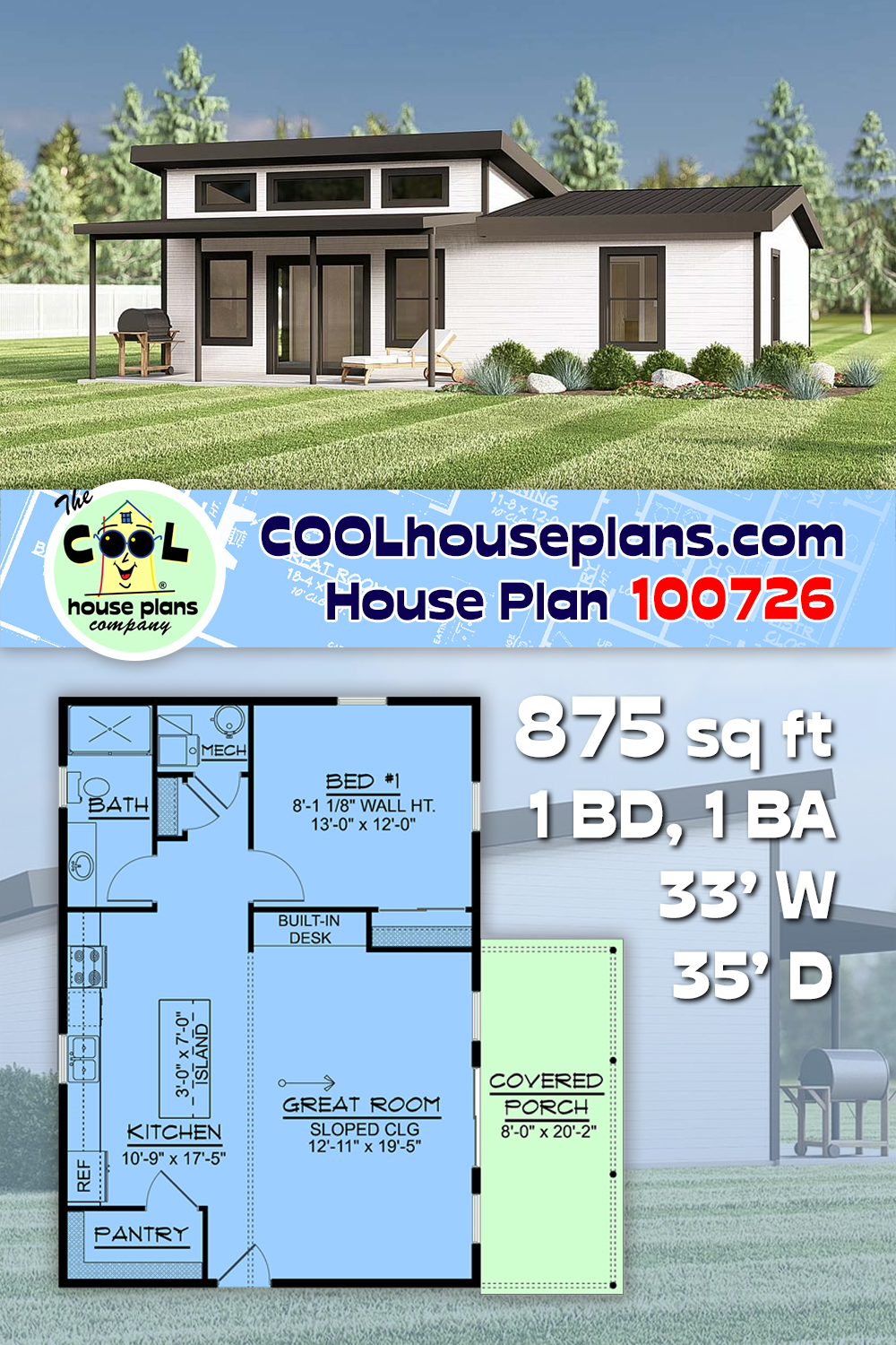 Contemporary, Cottage House Plan 100726 with 1 Beds, 1 Baths