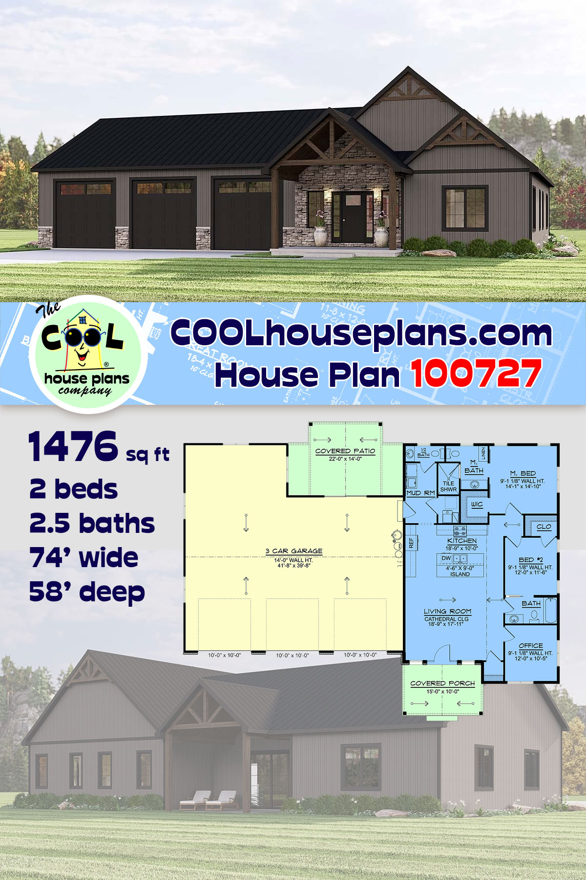 Barndominium, Craftsman, New American House Plan 100727 with 2 Beds, 3 Baths, 3 Car Garage