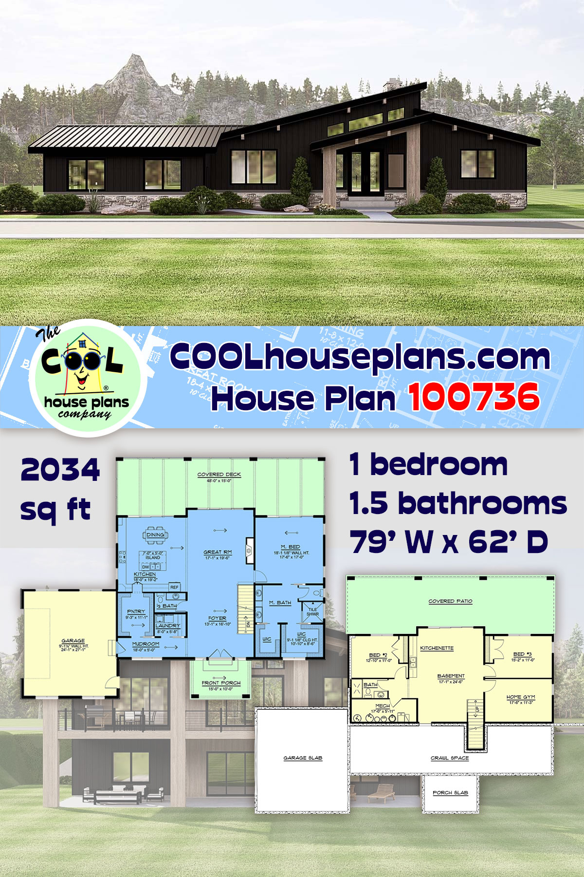 Contemporary, Modern House Plan 100736 with 1 Beds, 2 Baths, 2 Car Garage