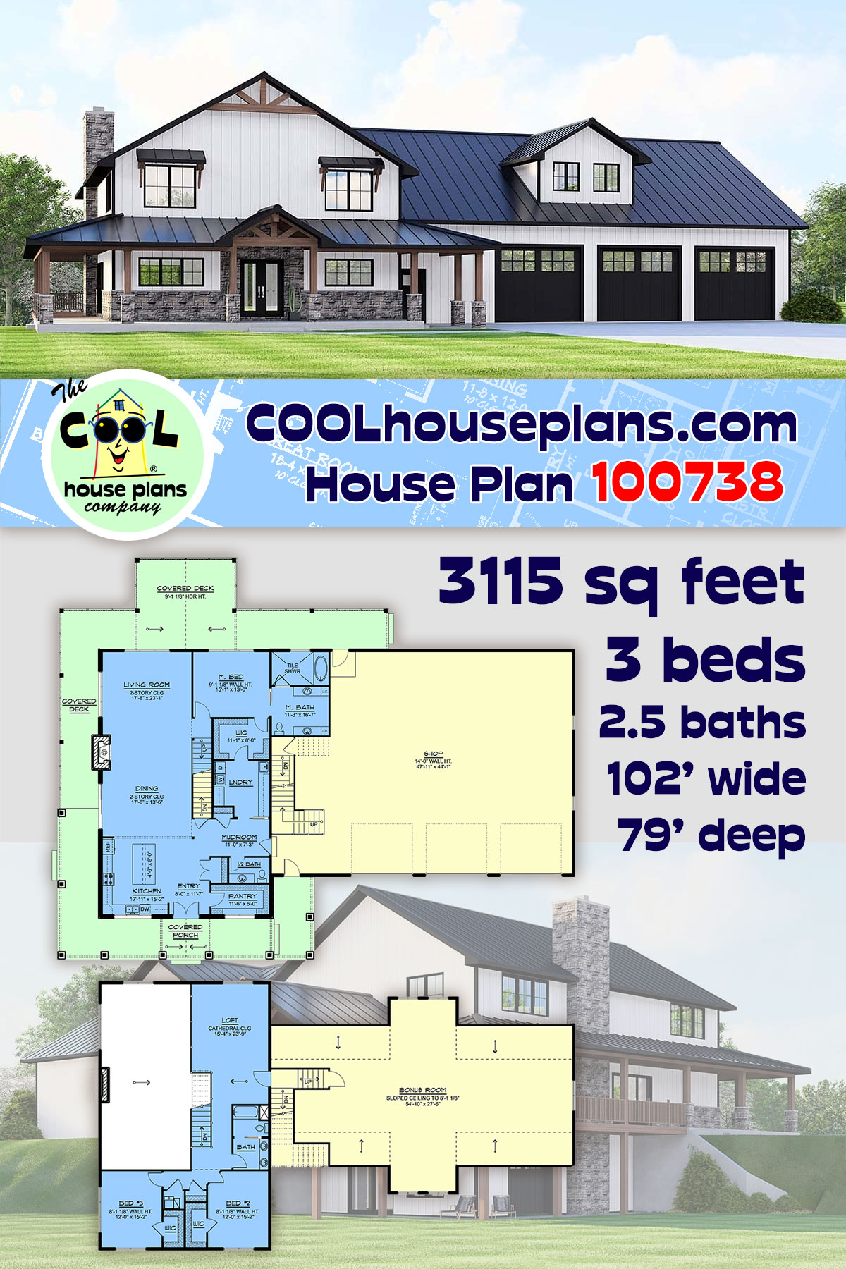 Barndominium, Country, Craftsman, Farmhouse House Plan 100738 with 3 Beds, 3 Baths, 3 Car Garage