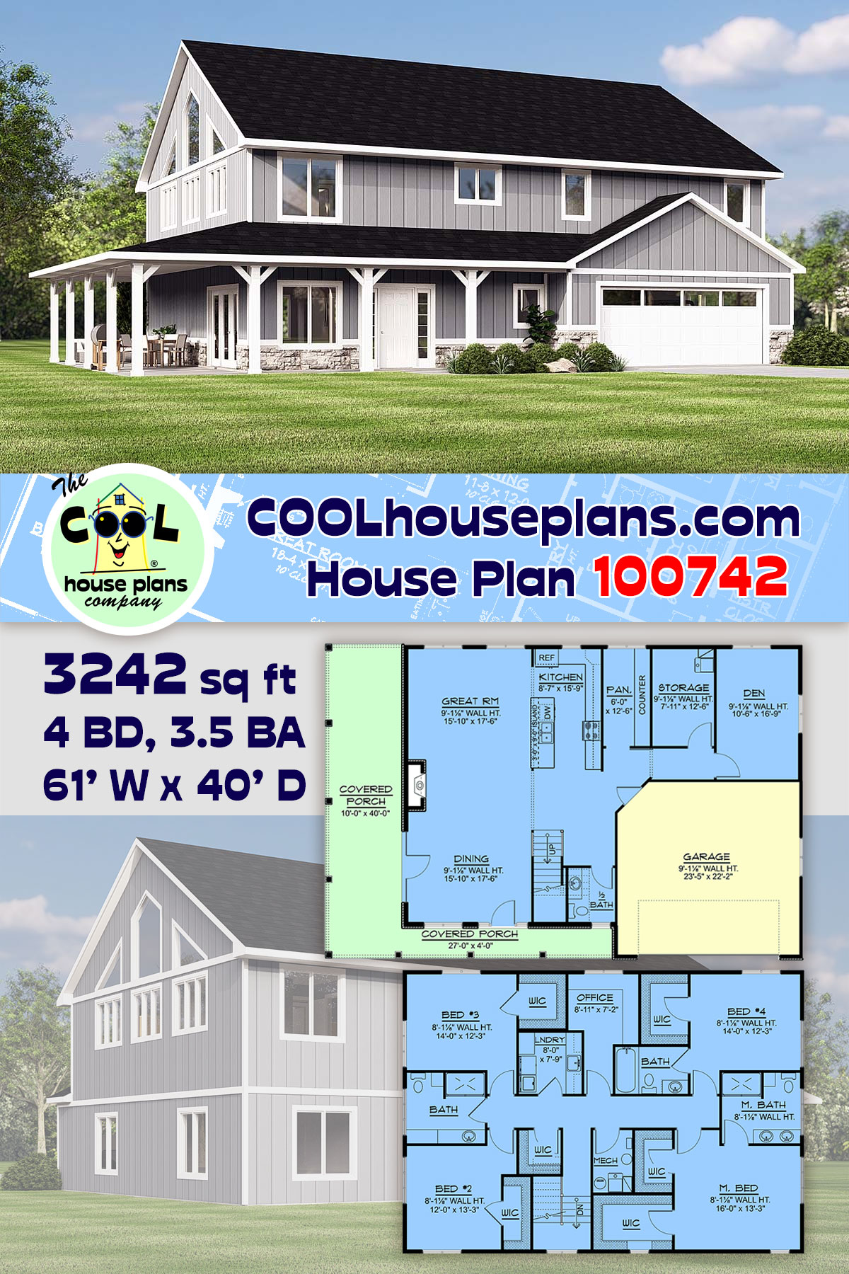Contemporary, Country, Craftsman, Farmhouse House Plan 100742 with 4 Beds, 4 Baths, 2 Car Garage