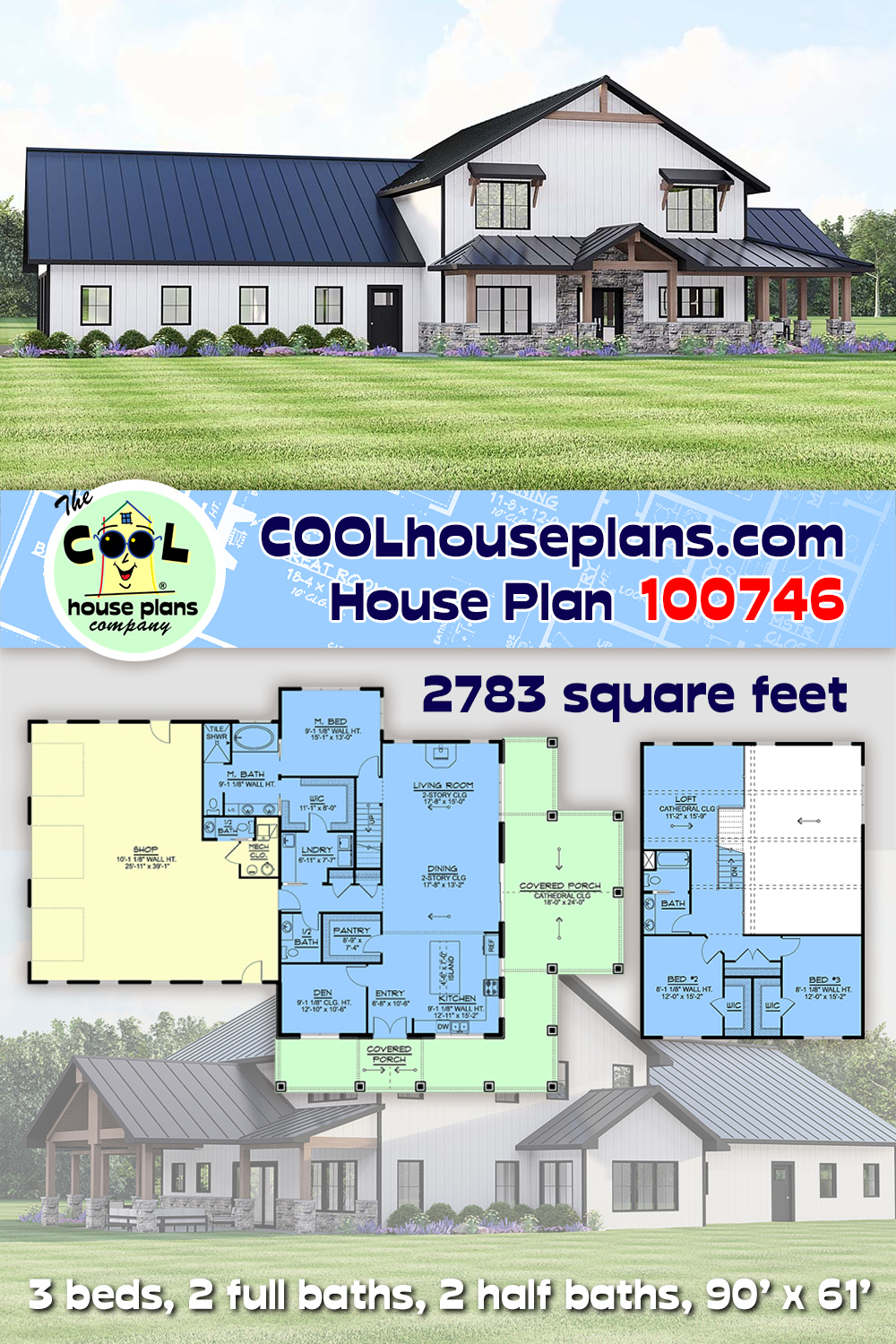 Barndominium, Country, Craftsman, Farmhouse House Plan 100746 with 3 Beds, 4 Baths, 3 Car Garage