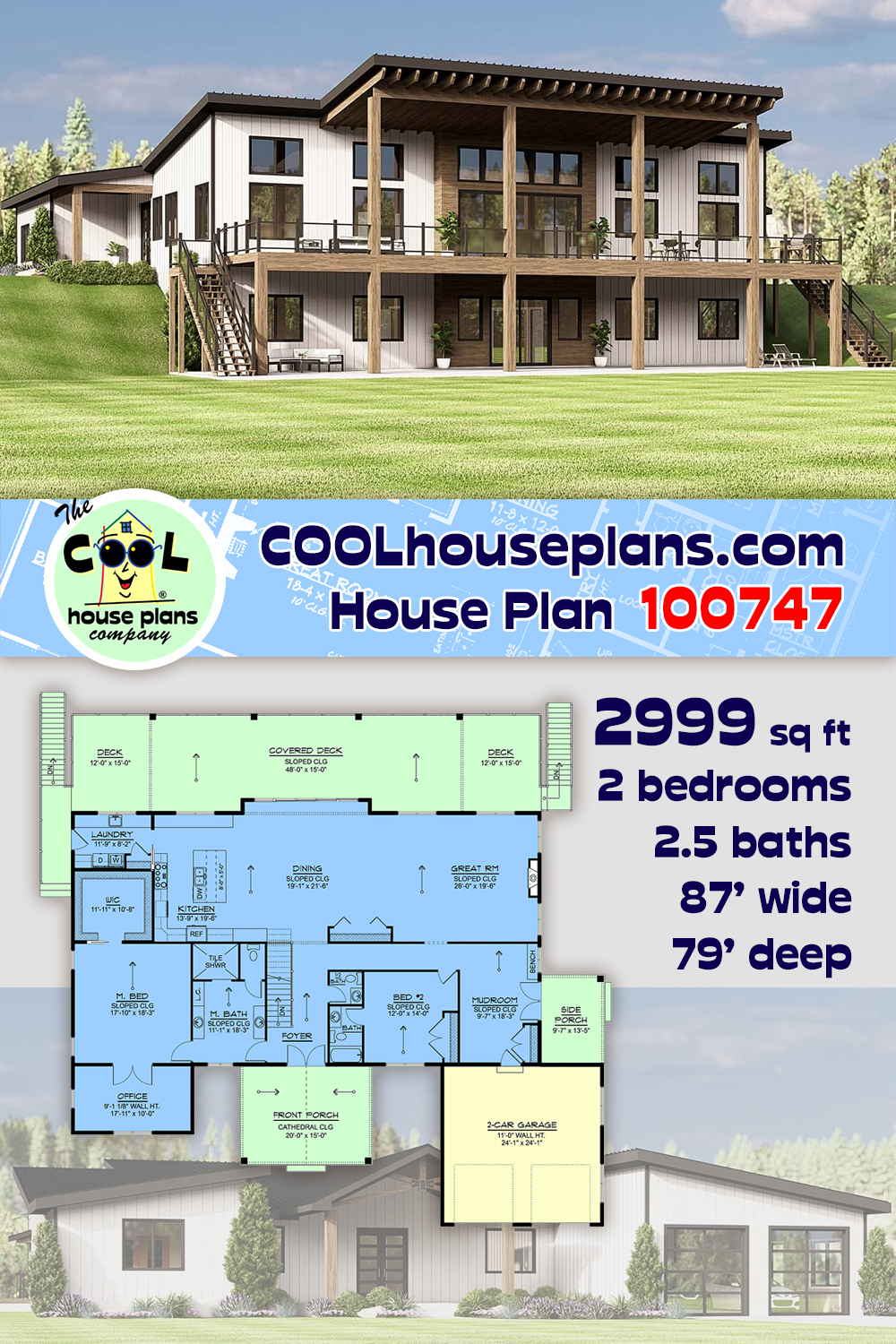 Coastal, Contemporary, New American House Plan 100747 with 2 Beds, 3 Baths, 2 Car Garage