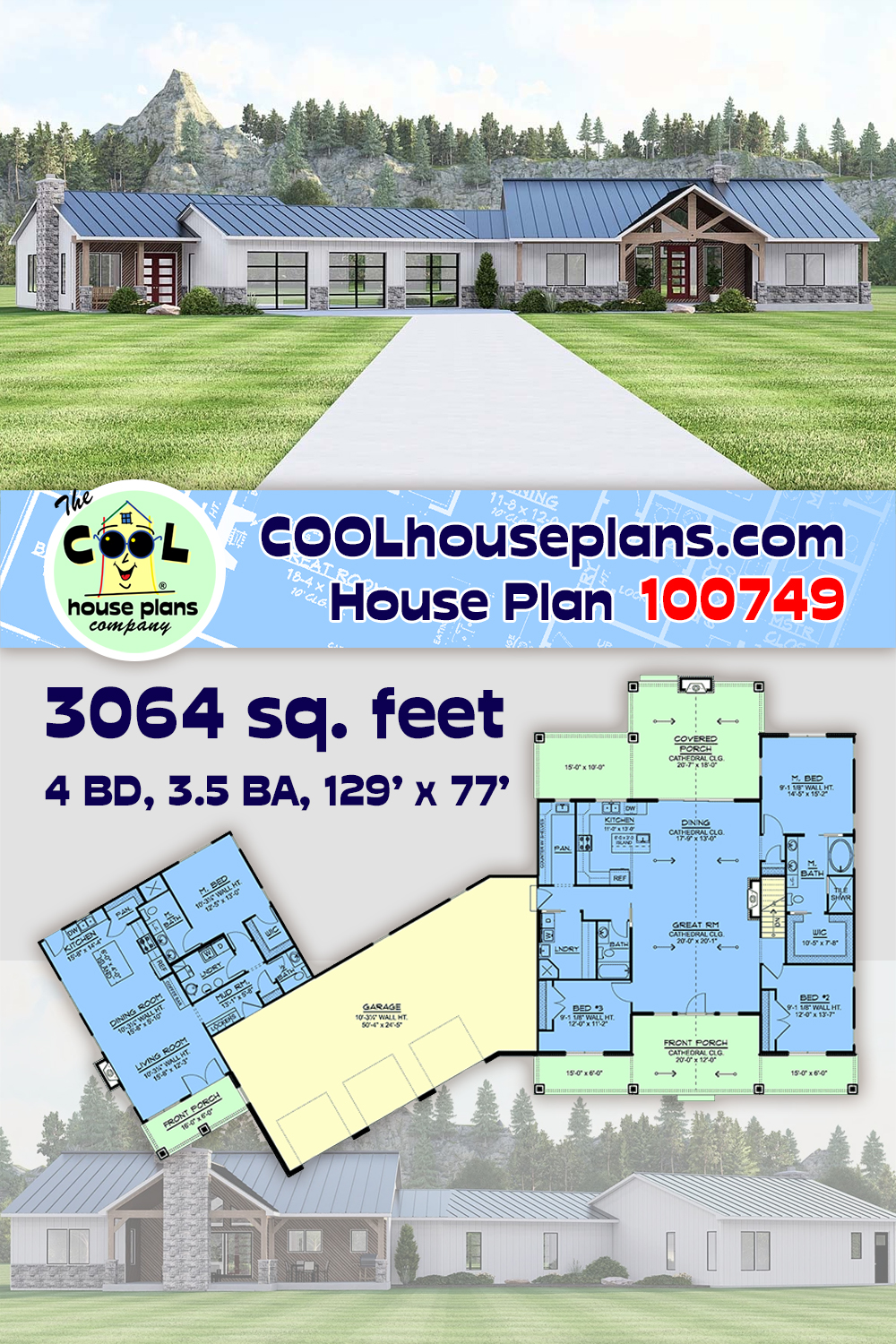 Country, Farmhouse, Ranch House Plan 100749 with 4 Beds, 4 Baths, 3 Car Garage