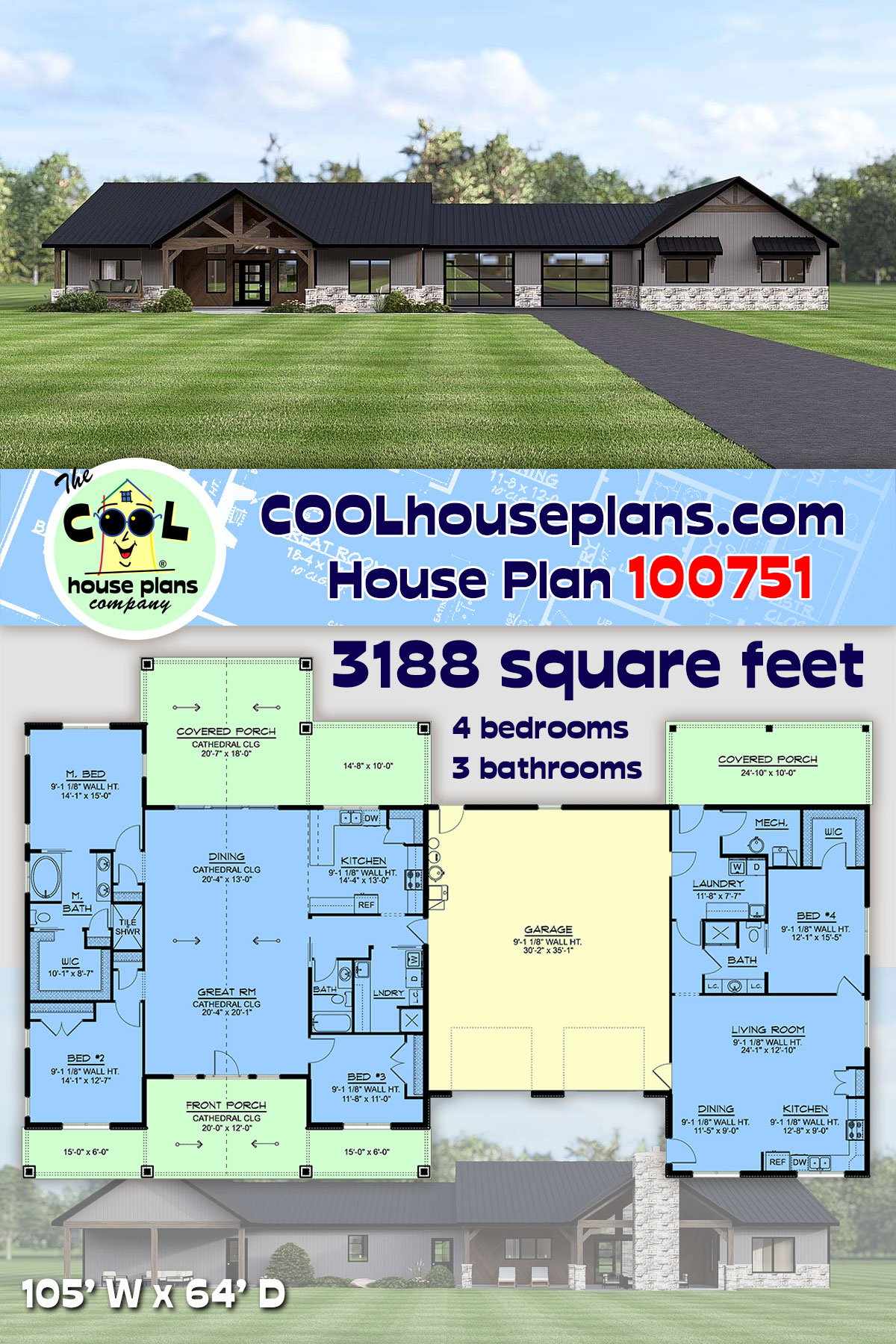Barndominium, Country, Modern, Ranch House Plan 100751 with 4 Beds, 3 Baths, 2 Car Garage