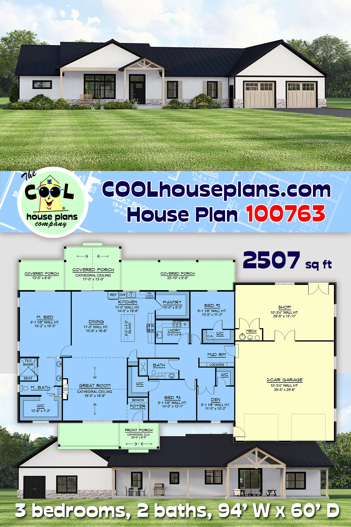 Contemporary, Country, Craftsman, Farmhouse, Ranch House Plan 100763 with 3 Beds, 2 Baths, 2 Car Garage