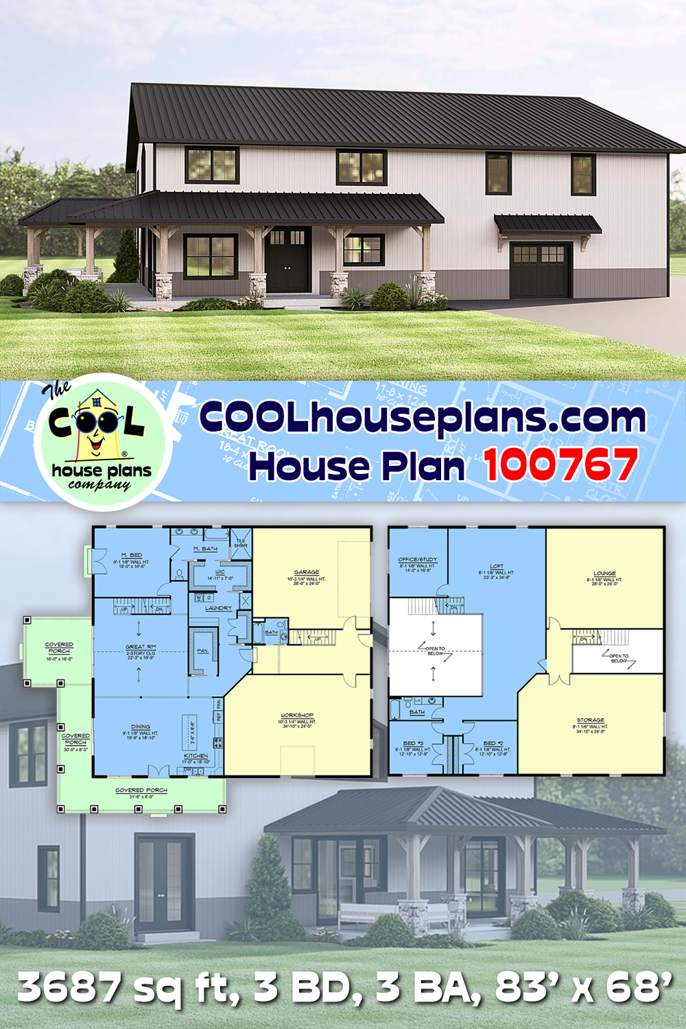 Barndominium, Country, Craftsman, Farmhouse House Plan 100767 with 3 Beds, 3 Baths, 2 Car Garage