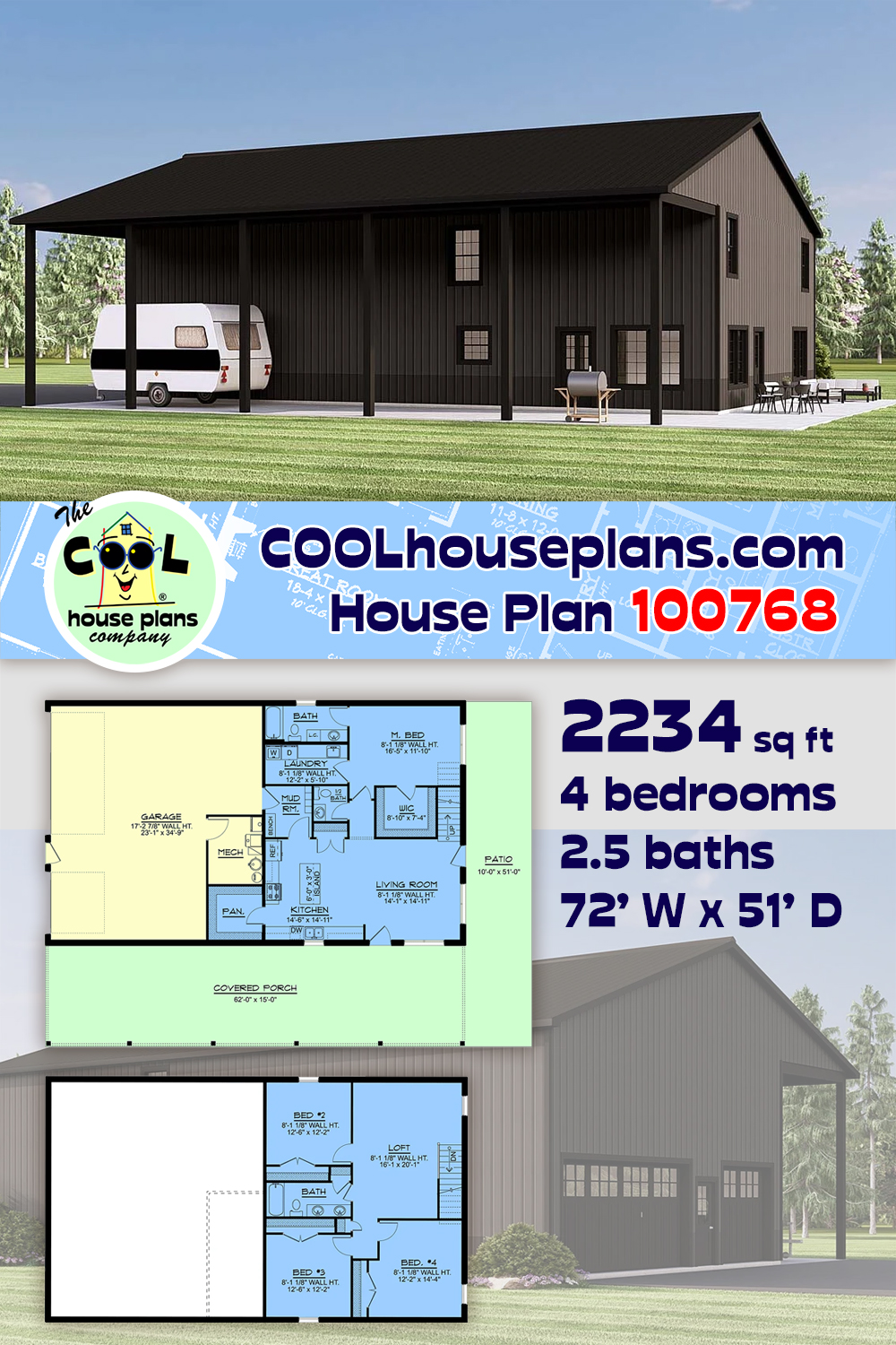 Barndominium, Country, Farmhouse House Plan 100768 with 4 Beds, 3 Baths, 3 Car Garage
