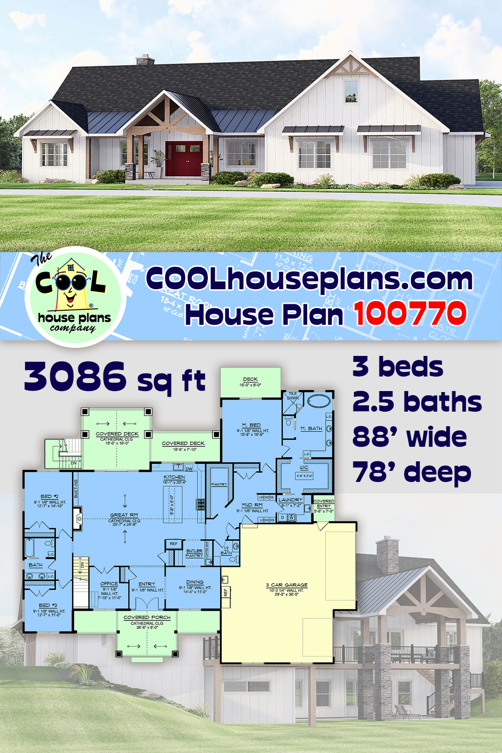 Farmhouse, New American House Plan 100770 with 3 Beds, 3 Baths, 3 Car Garage