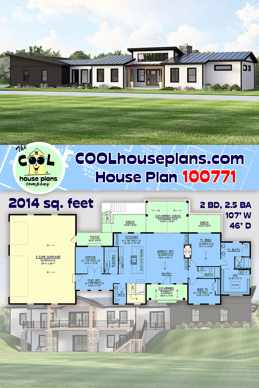 Coastal, Contemporary, Modern House Plan 100771 with 2 Beds, 3 Baths, 3 Car Garage