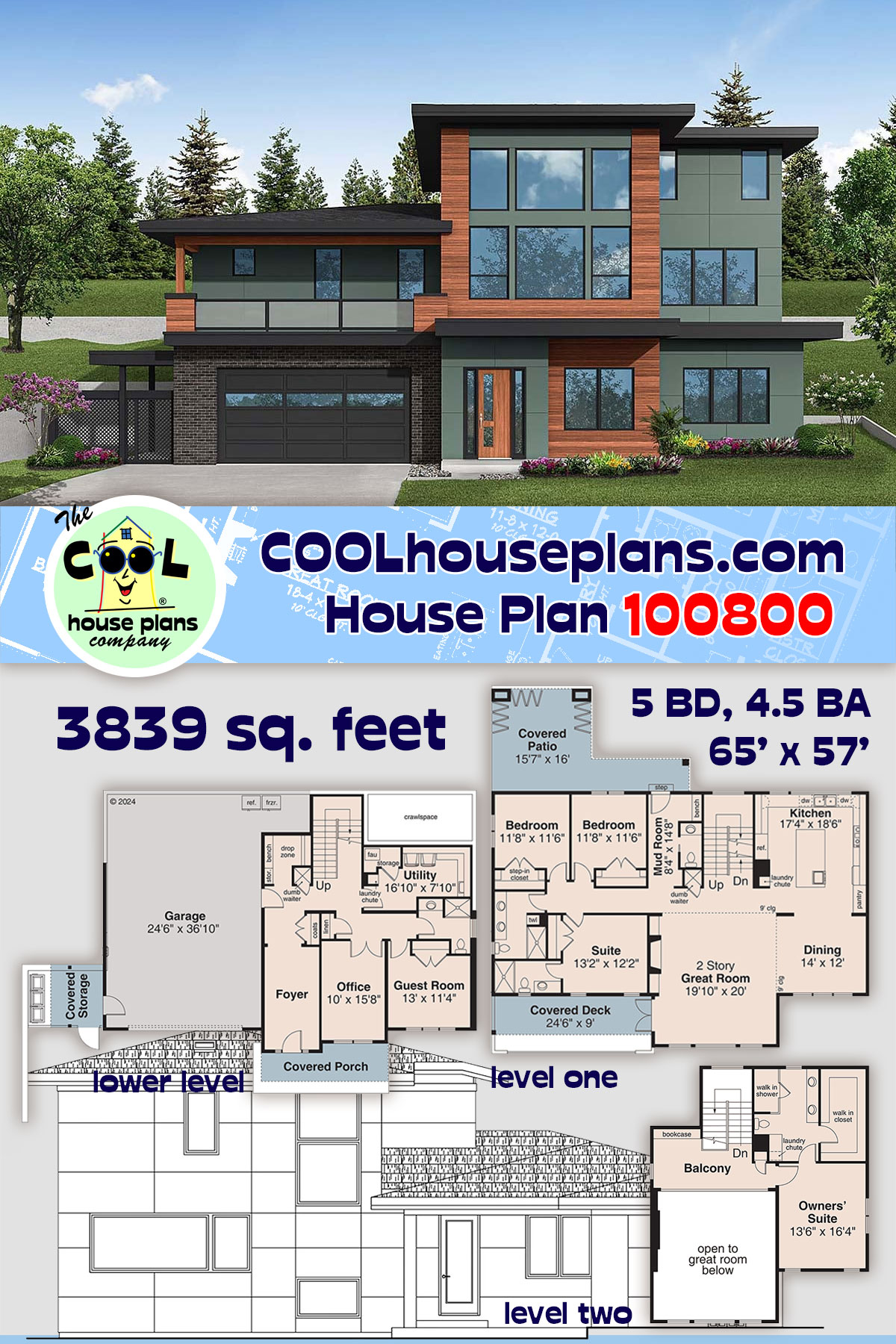 Contemporary, Modern House Plan 100800 with 5 Beds, 5 Baths, 2 Car Garage