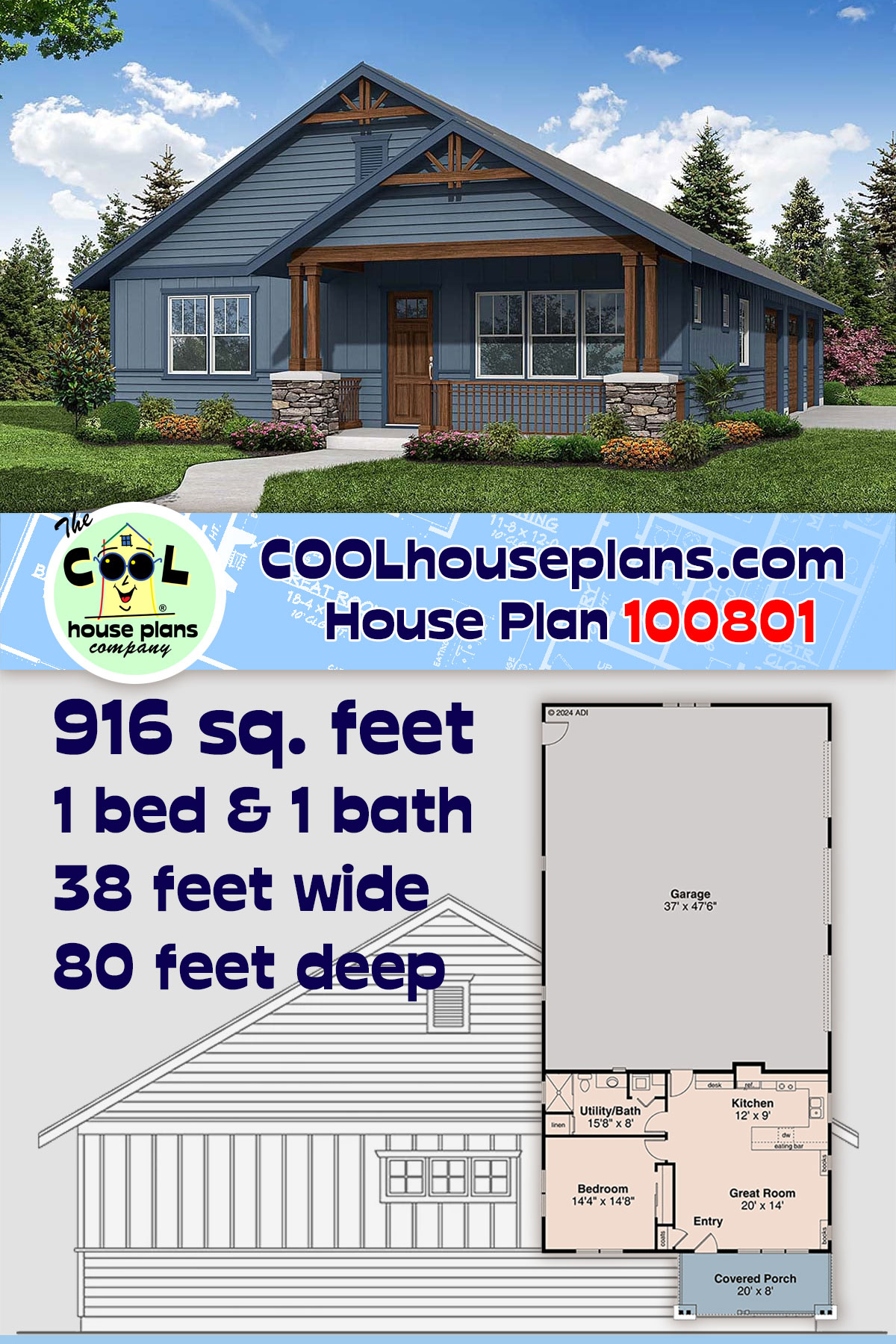 Country, Craftsman Garage-Living Plan 100801 with 1 Beds, 1 Baths, 6 Car Garage