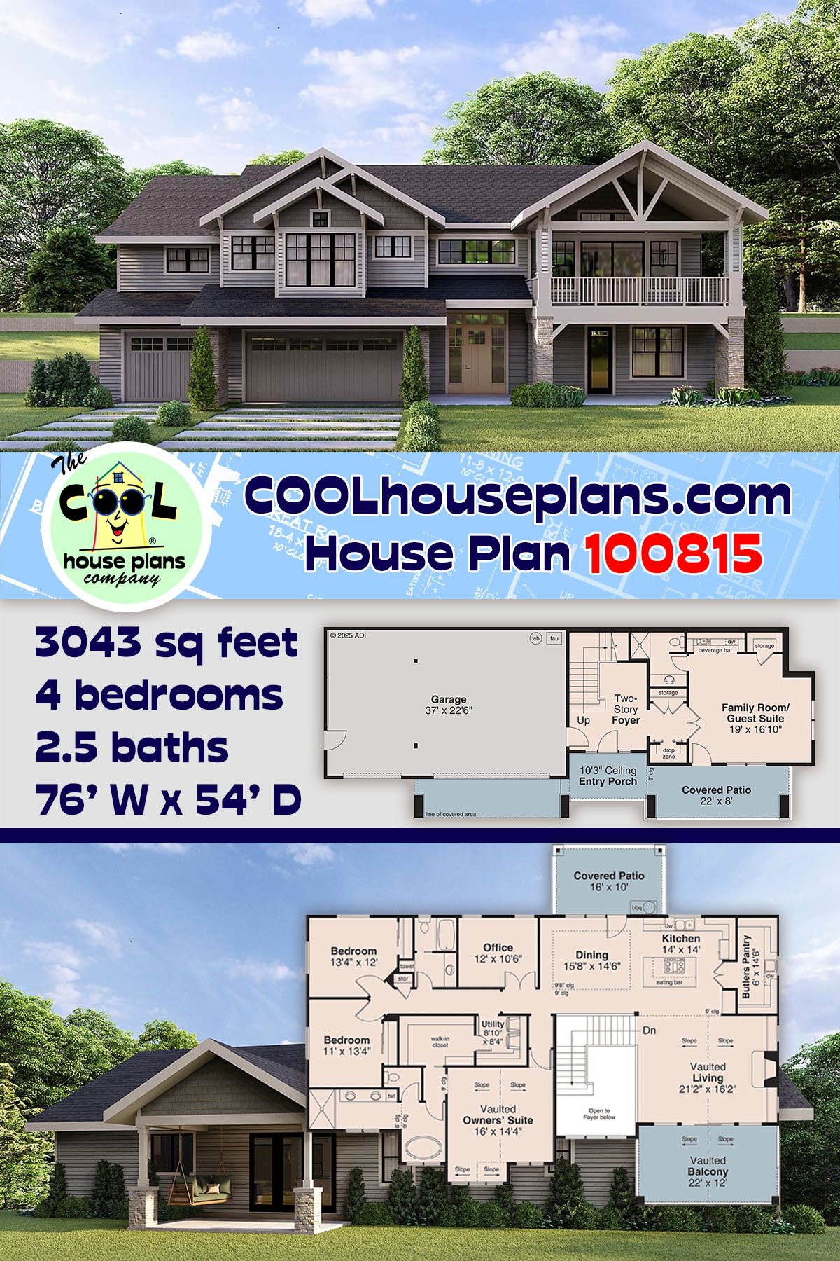 Craftsman House Plan 100815 with 4 Beds, 3 Baths, 3 Car Garage