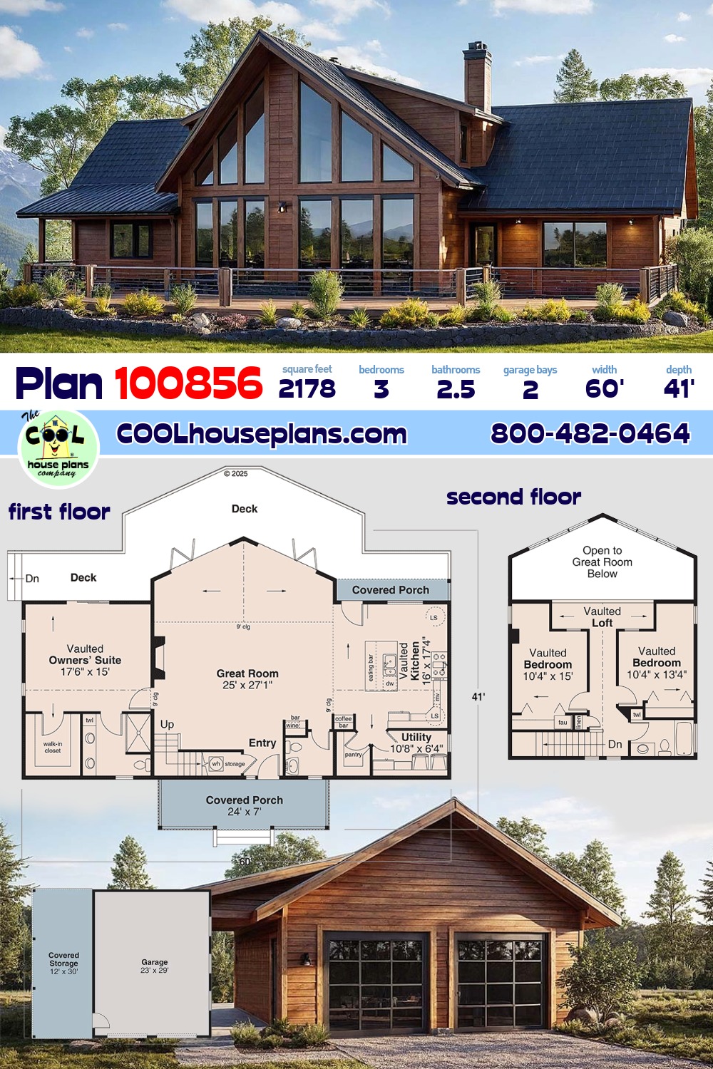 Cabin, Craftsman House Plan 100856 with 3 Beds, 3 Baths, 2 Car Garage