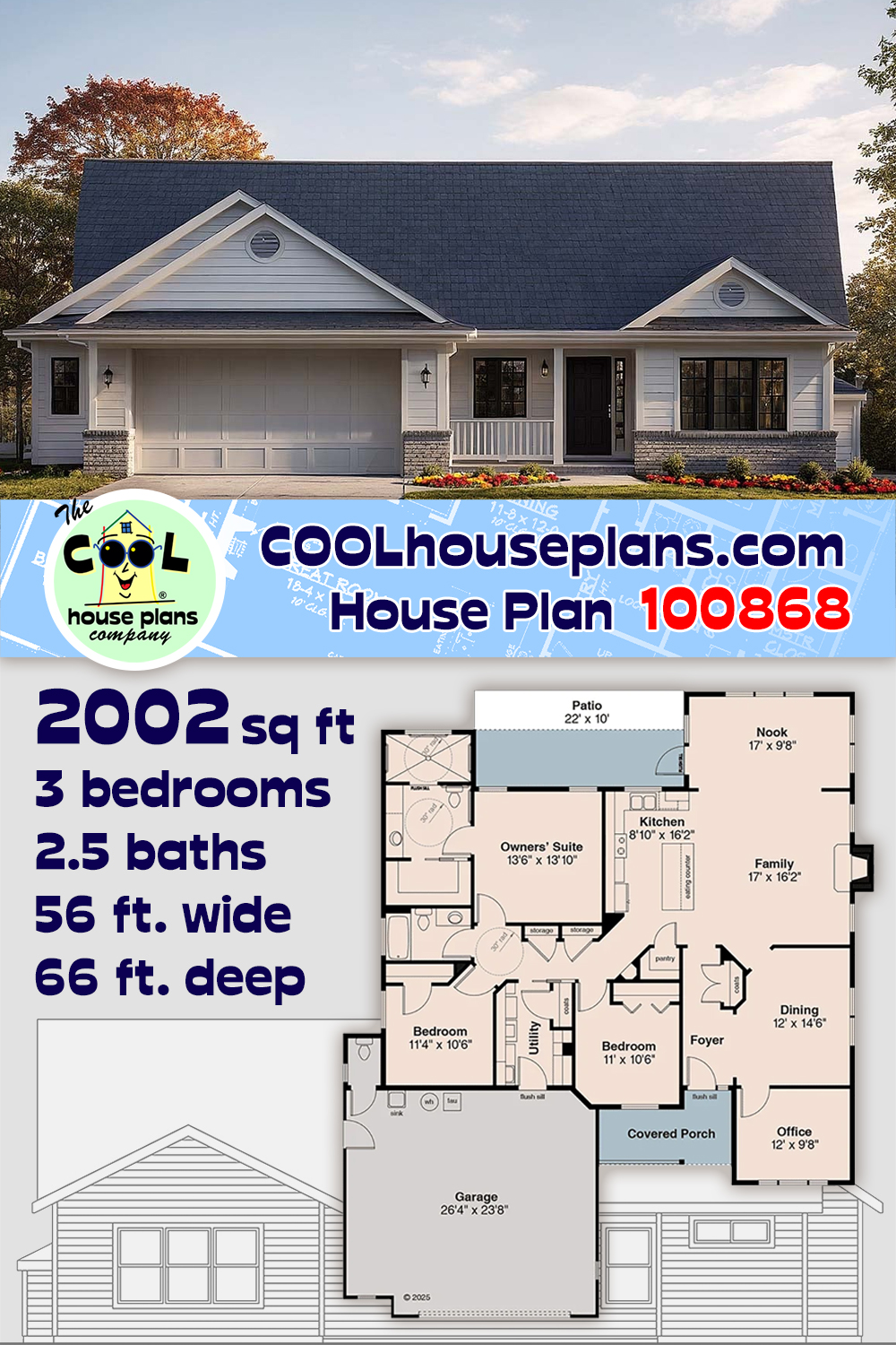 Country, Ranch, Traditional House Plan 100868 with 3 Beds, 3 Baths, 2 Car Garage