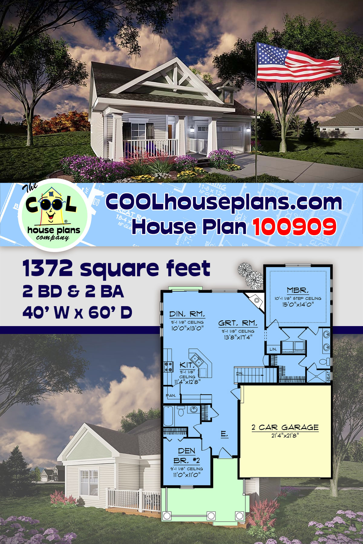 Craftsman, Ranch House Plan 100909 with 2 Beds, 2 Baths, 2 Car Garage