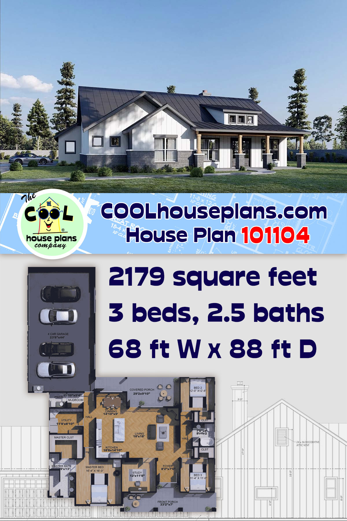 New American, Ranch House Plan 101104 with 3 Beds, 3 Baths, 4 Car Garage