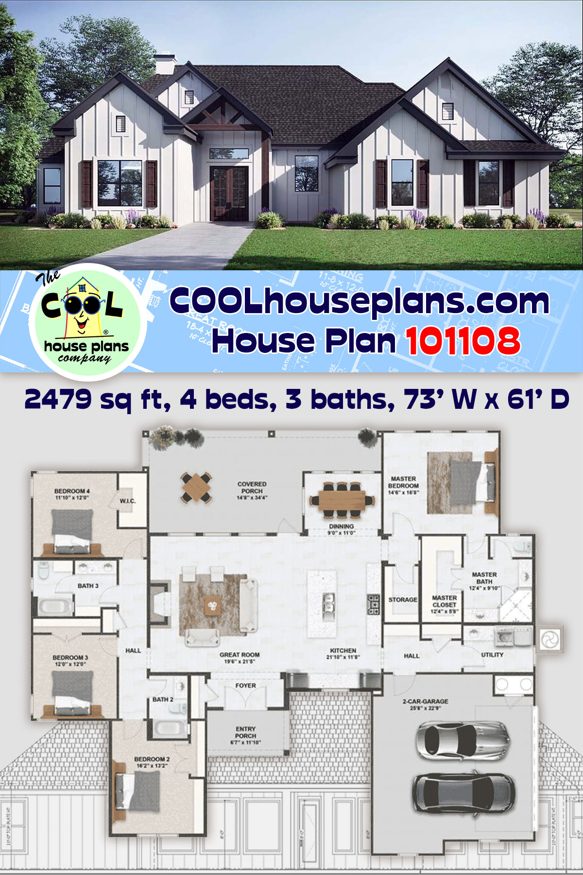 Craftsman, Farmhouse, New American, Southern House Plan 101108 with 4 Beds, 3 Baths, 2 Car Garage