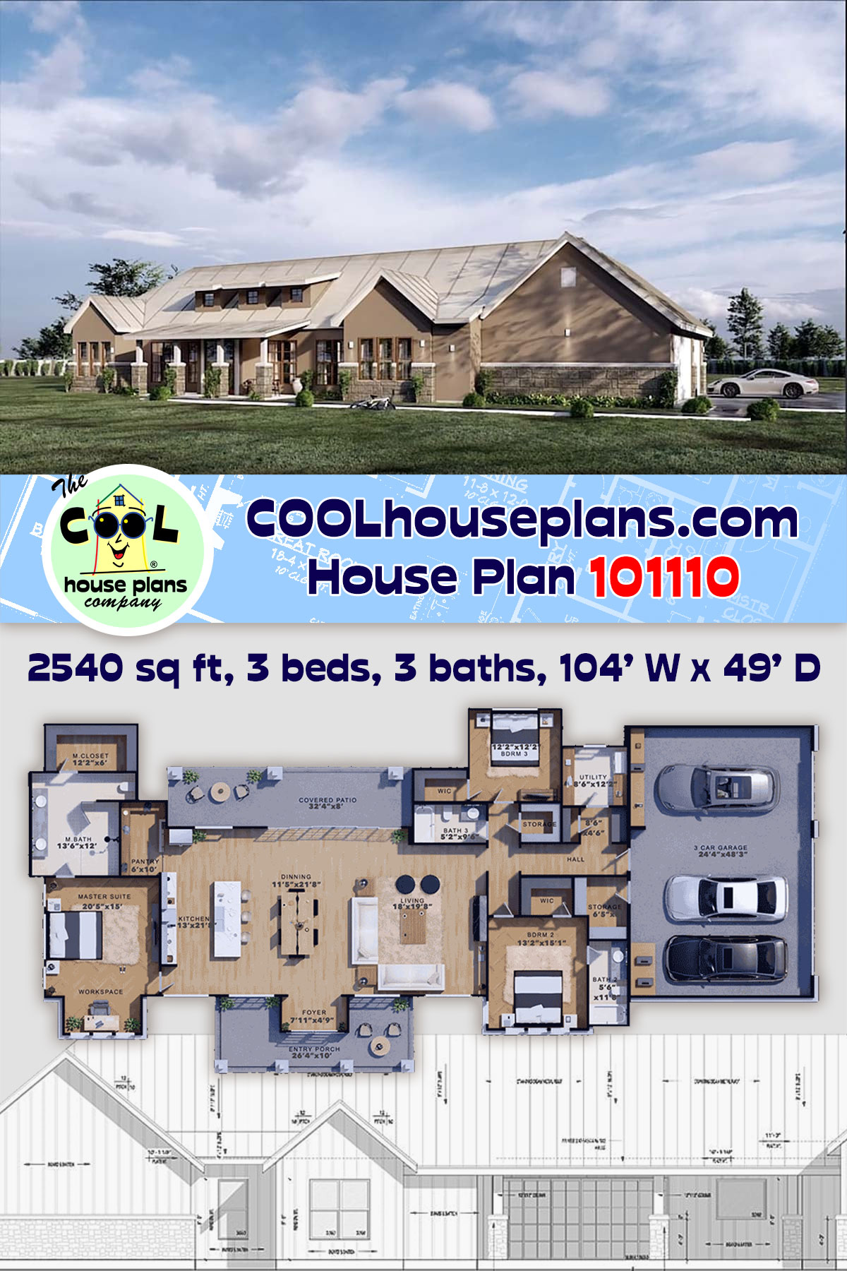 Country, Farmhouse, Ranch House Plan 101110 with 3 Beds, 3 Baths, 3 Car Garage