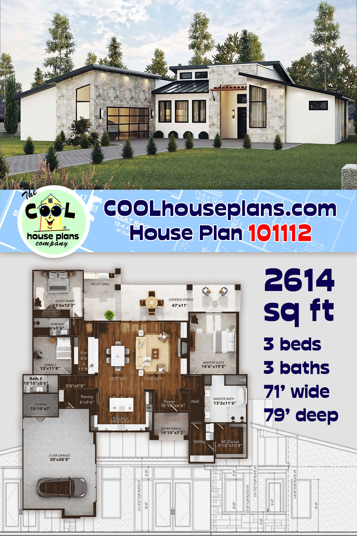 Contemporary, Modern House Plan 101112 with 3 Beds, 3 Baths, 2 Car Garage