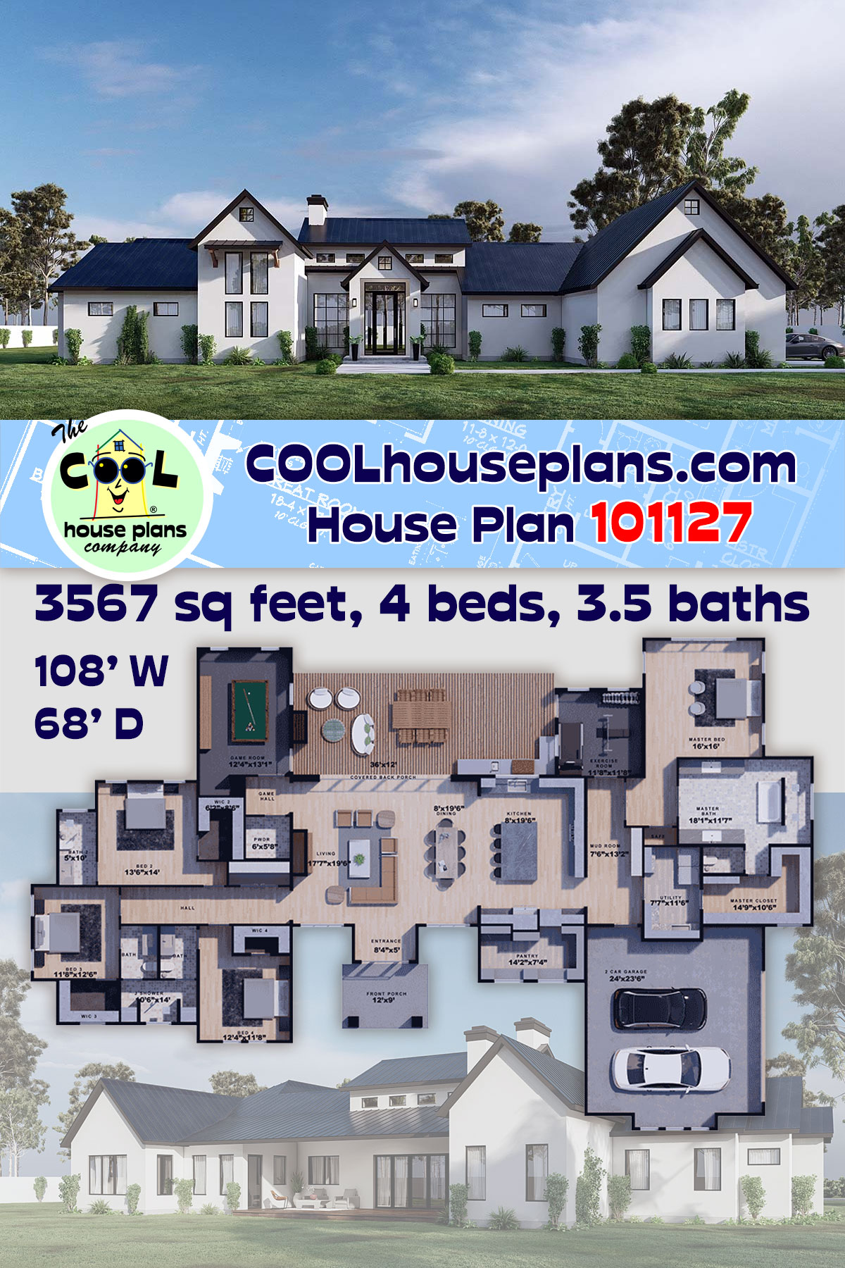 Contemporary, Farmhouse House Plan 101127 with 4 Beds, 4 Baths, 2 Car Garage