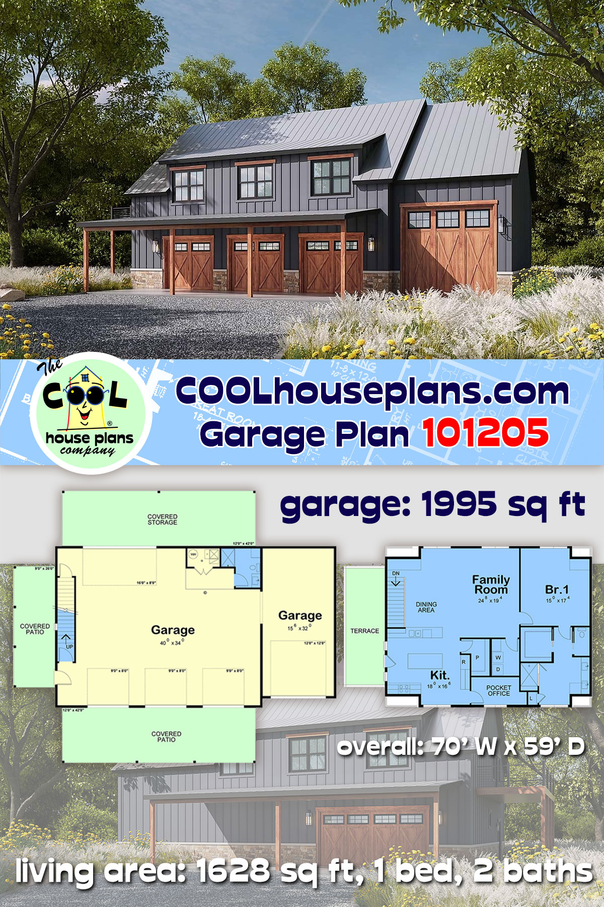 Barndominium, Country, Craftsman, Farmhouse, Modern Garage-Living Plan 101205 with 1 Beds, 2 Baths, 4 Car Garage