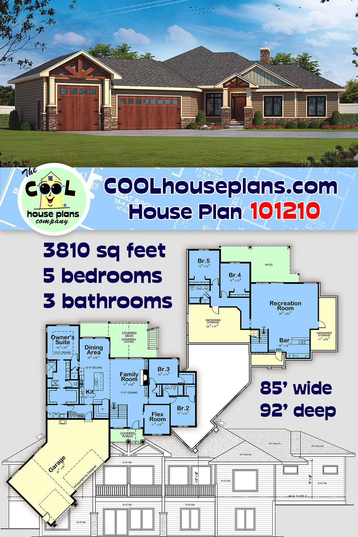 Craftsman, New American, Ranch House Plan 101210 with 5 Beds, 3 Baths, 3 Car Garage