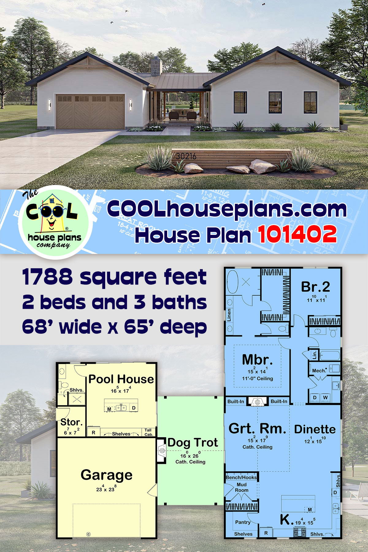 Cottage, Country, Ranch, Southern, Traditional House Plan 101402 with 2 Beds, 3 Baths, 2 Car Garage